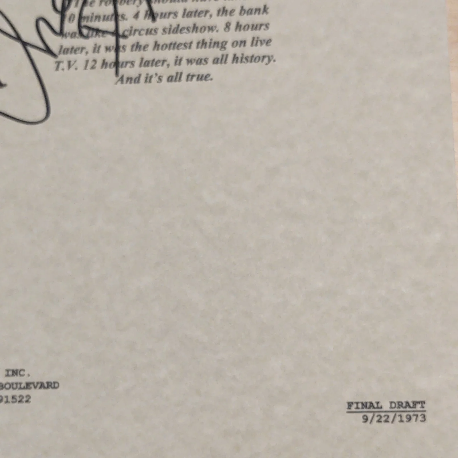 Warner Bros. Dog Day Afternoon Original Signed Script Final 9/22/1973, image 2