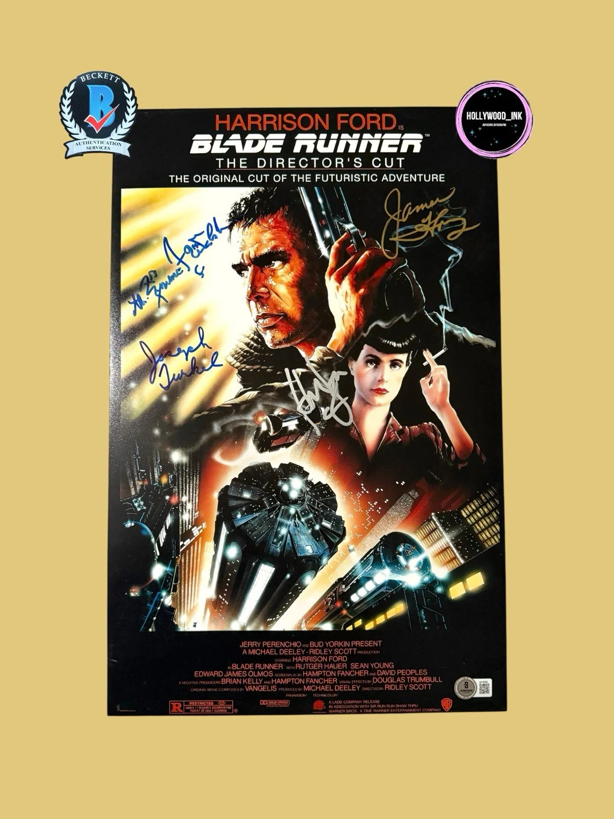 Harrison Ford — HARRISON FORD JAMES HONG EMMETT WALSH +1 BLADE RUNNER AUTOGRAPH 12x18 PHOTO BAS