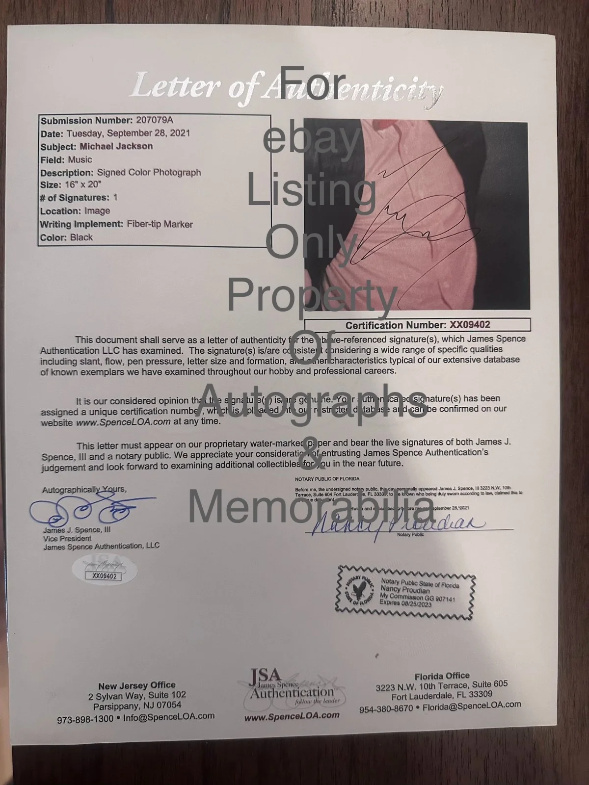 Michael Jackson Signed 16x20 Photo Billie Jean Era JSA Full LOA Large Auto RARE, image 2