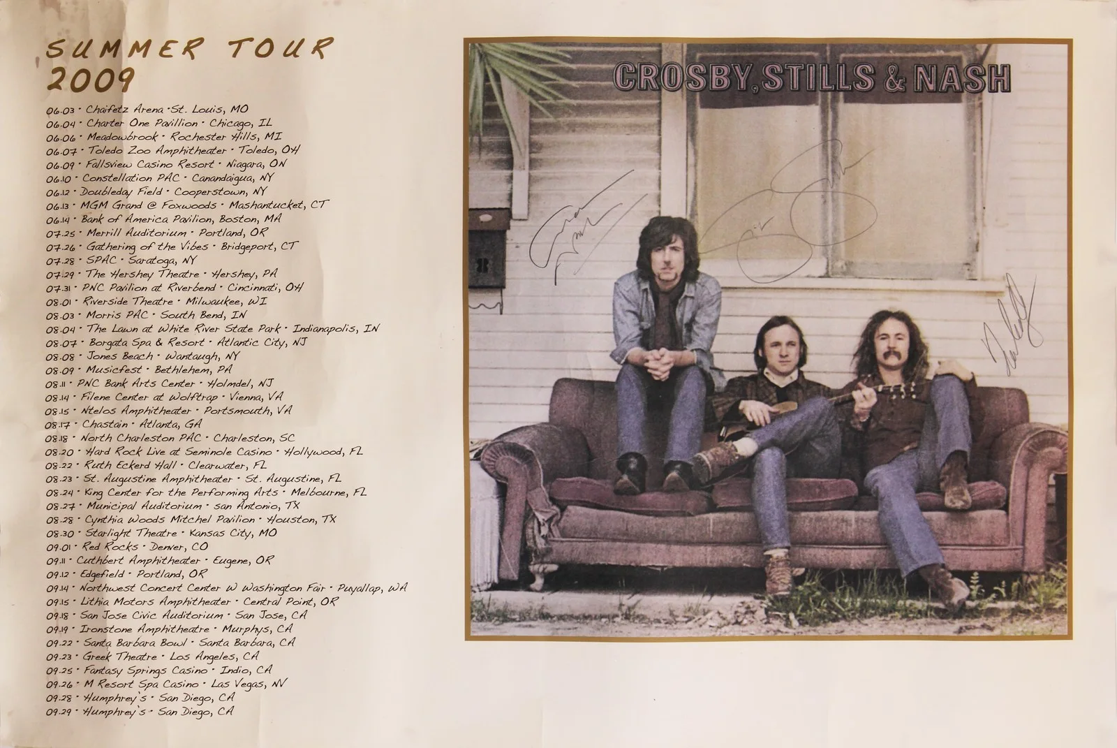 David Crosby, Stephen Stills & Graham Nash — (3) Crosby, Stills & Nash Signed 24x36 Summer Tour 2009 Concert Poster JSA
