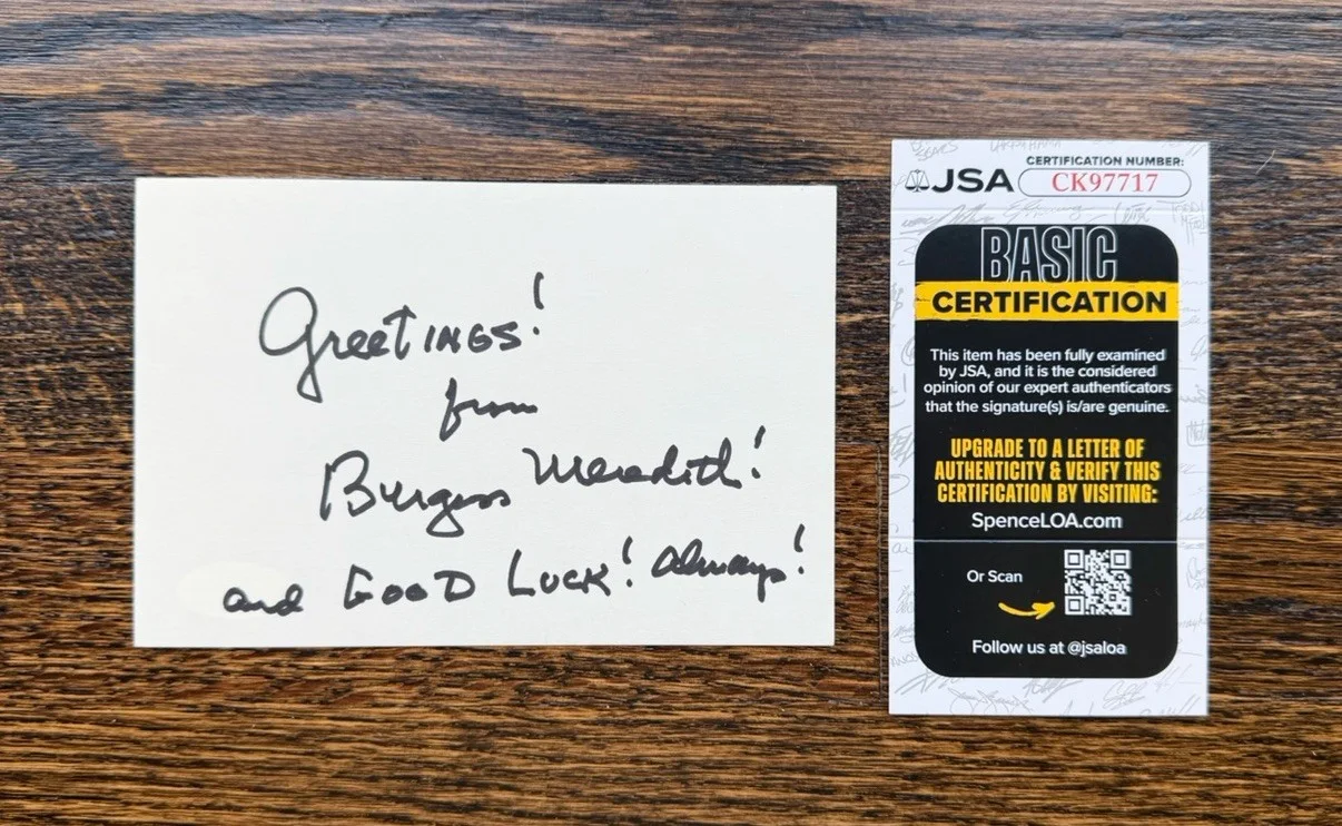 Burgess Meredith — BURGESS MEREDITH SIGNED INDEX CARD AUTOGRAPH JSA COA BATMAN PENGUIN 4 X 6