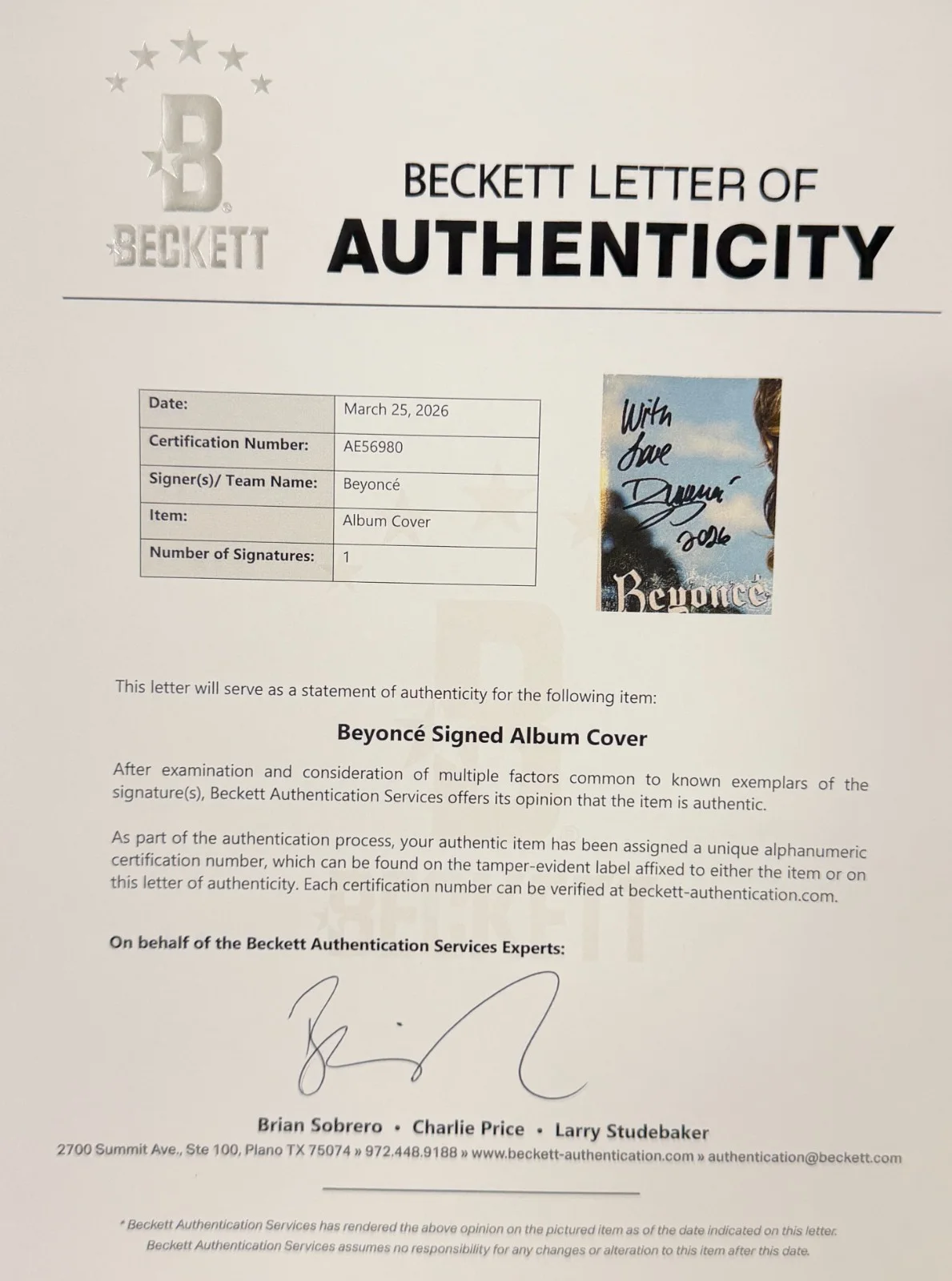 Beyoncé Signed B'Day Framed Vinyl LP Album Authentic Autograph Beckett LOA, изображение 4