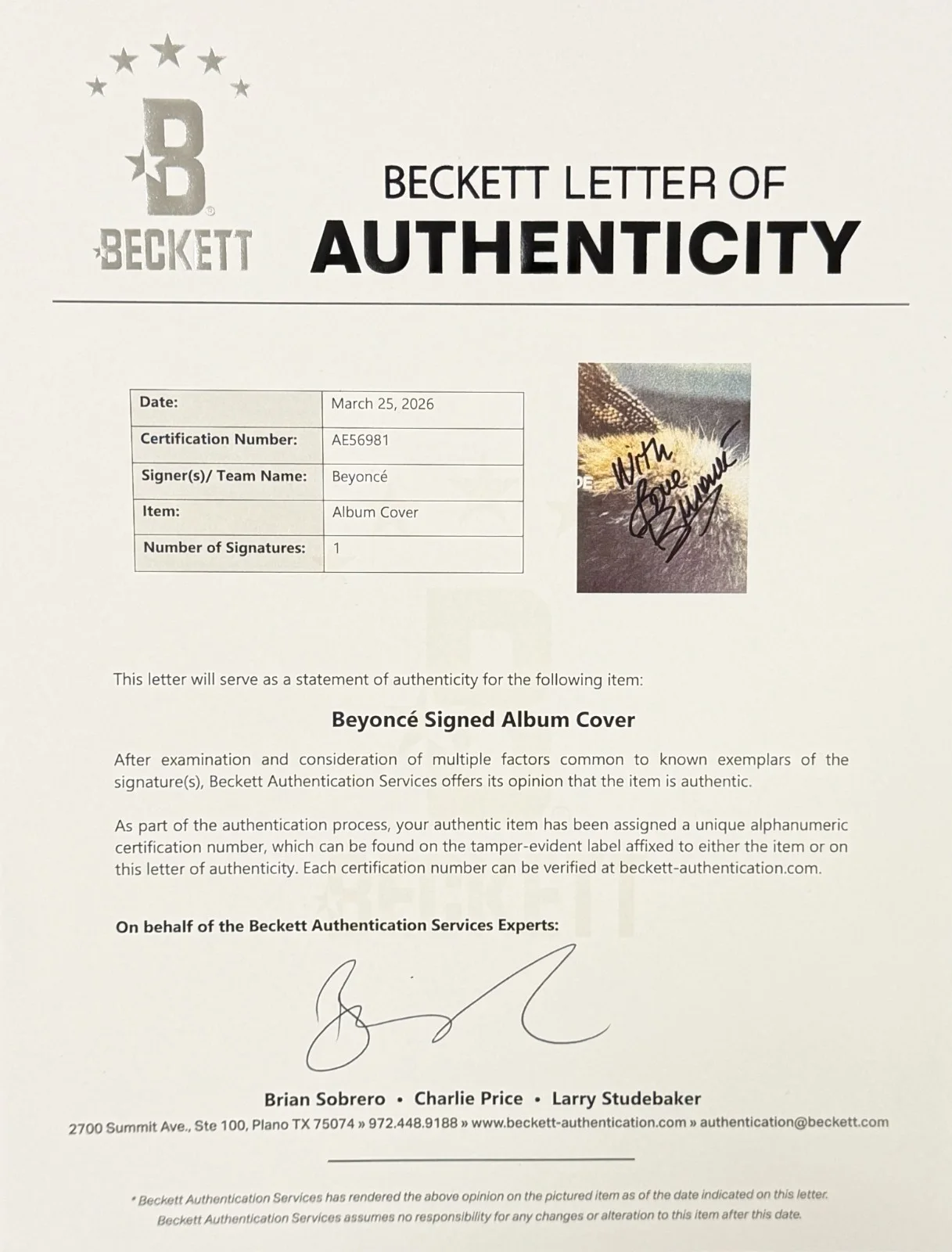 Beyoncé Signed Lemonade Framed Vinyl LP Album Authentic Autograph Beckett LOA, изображение 5