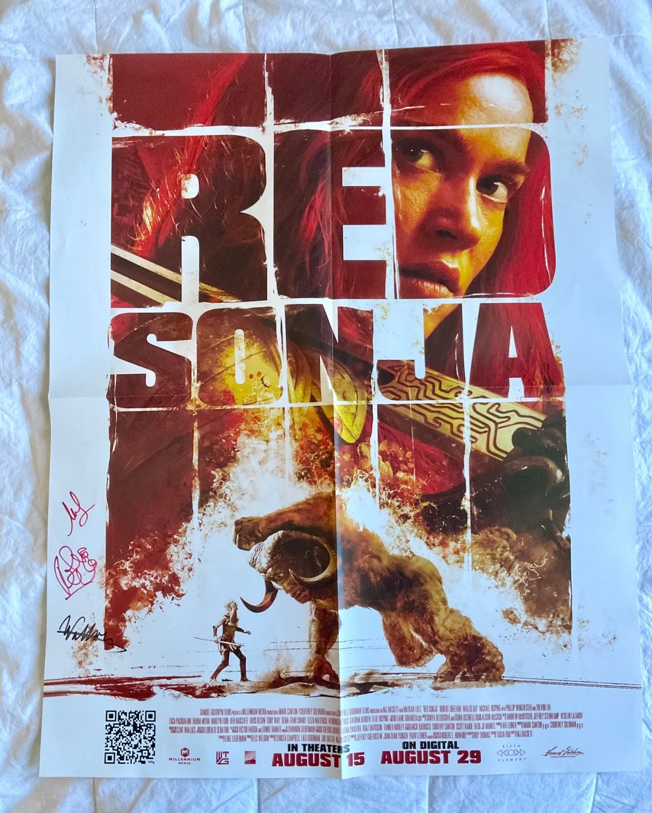 Matilda Lutz, Robert Sheehan, Wallis Day — CAST SIGNED RED SONJA MOVIE POSTER 2025 SDCC Mutilda Lutz Robert Sheeh G2U, image 2