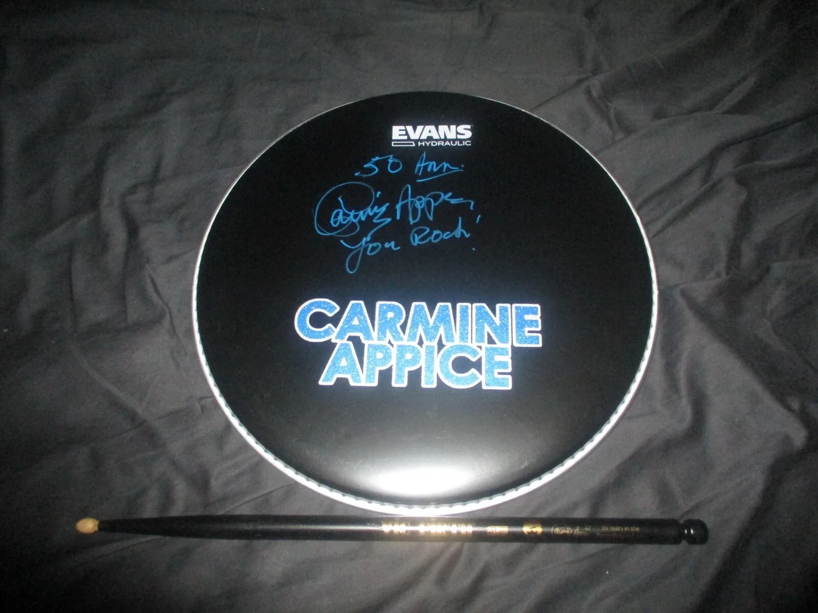 CARMINE APPICE AUTHENTIC AUTOGRAPHED/SIGNED DRUMHEAD + DRUM STICK COMBO, image 2