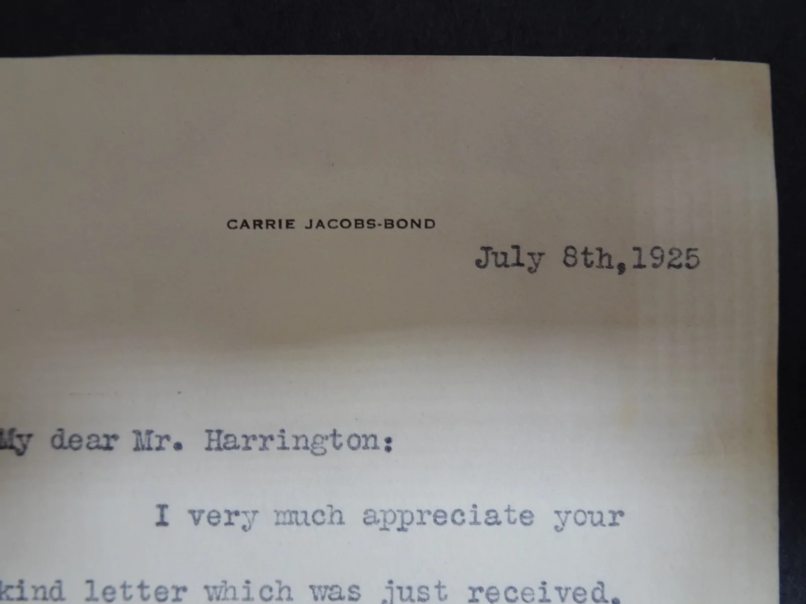 Carrie Jacobs-Bond — Carrie Jacobs-Bond Musician Autograph Letter to Symphony Manager 07/08/1925, image 2