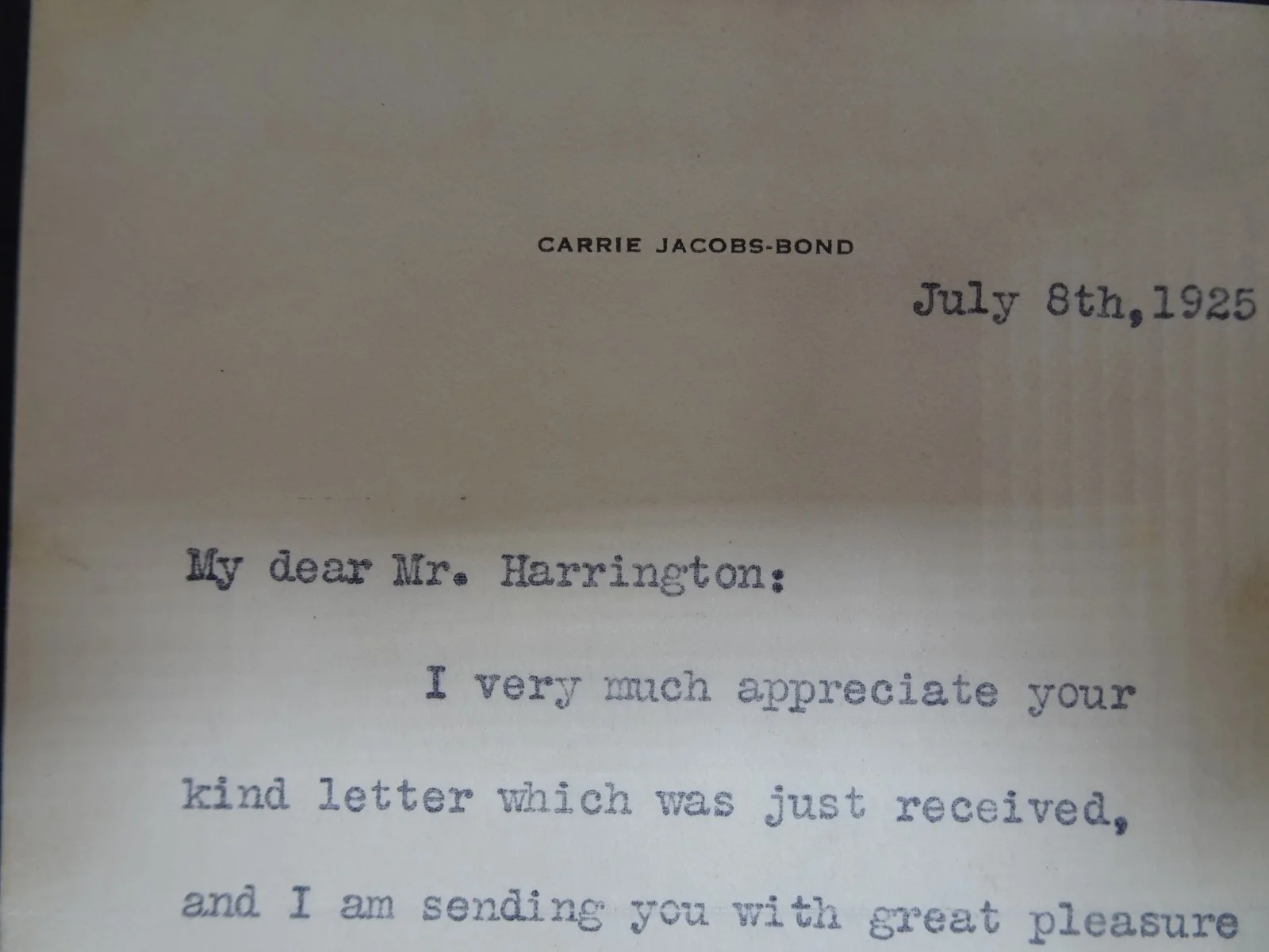 Carrie Jacobs-Bond — Carrie Jacobs-Bond Musician Autograph Letter to Symphony Manager 07/08/1925, image 3