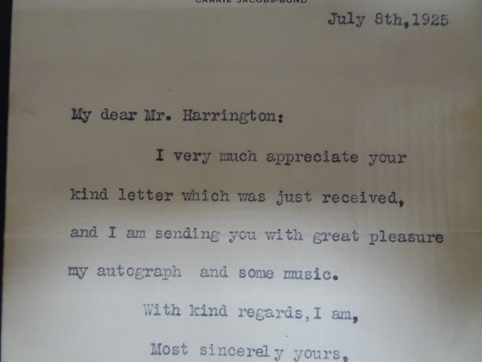 Carrie Jacobs-Bond — Carrie Jacobs-Bond Musician Autograph Letter to Symphony Manager 07/08/1925, image 4