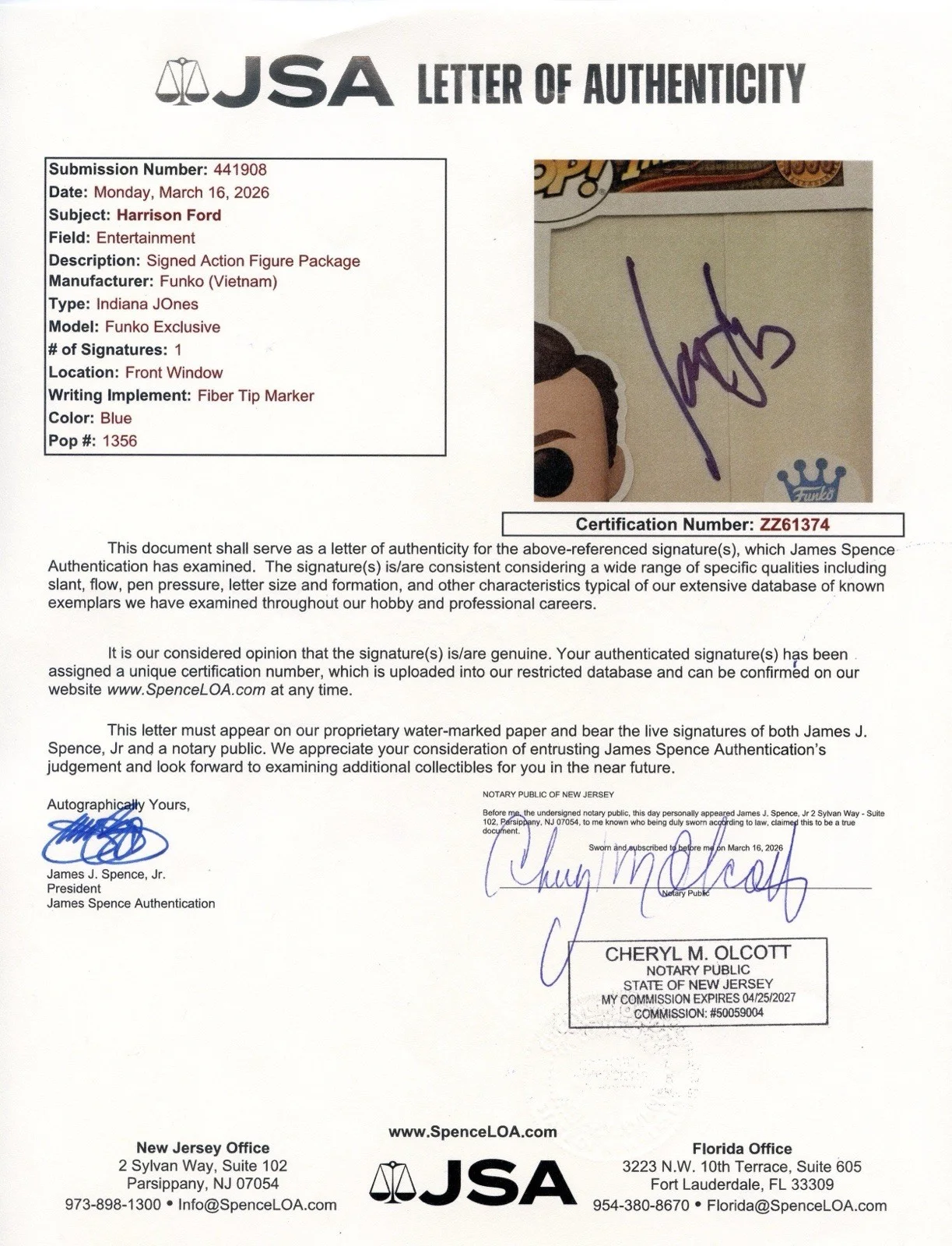 HARRISON FORD — HARRISON FORD SIGNED INDIANA JONES FUNKO POP FIGURE FUNKO EXCLUSIVE w/JSA COA!, изображение 4