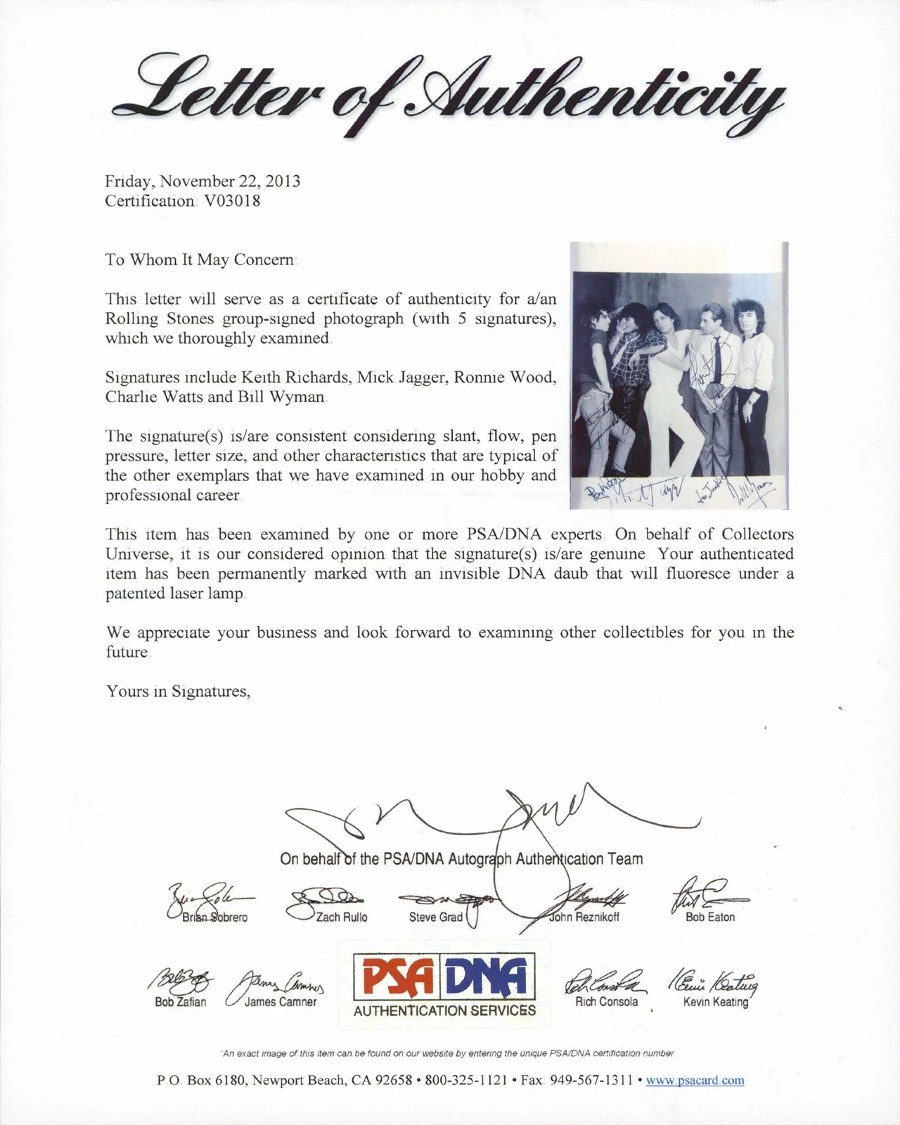 Keith Richards, Mick Jagger, Ronnie Wood, Charlie Watts, Bill Wy — Rolling Stones (5) Richard, Jagger Authentic Signed 8x10 Photo PSA/DNA #V03018, image 3