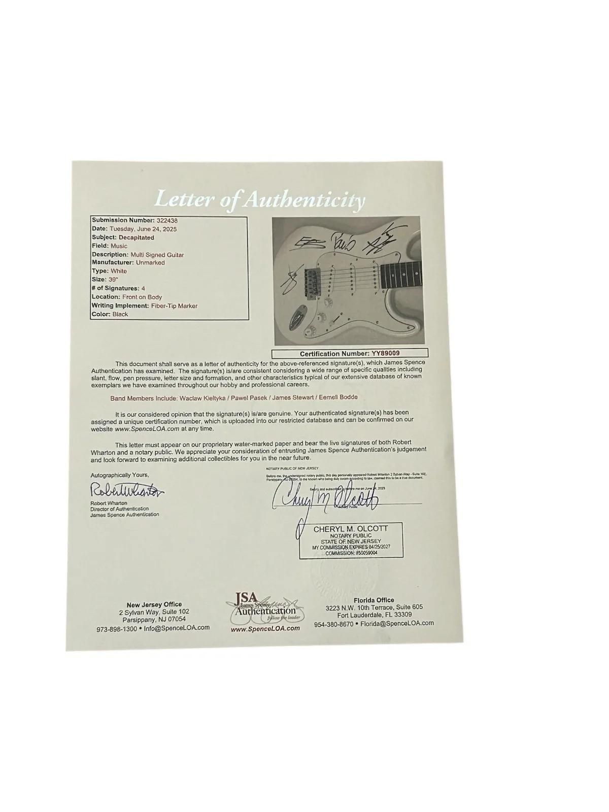 Decapitated signed Electric Guitar JSA Certificate LOA COA, image 3