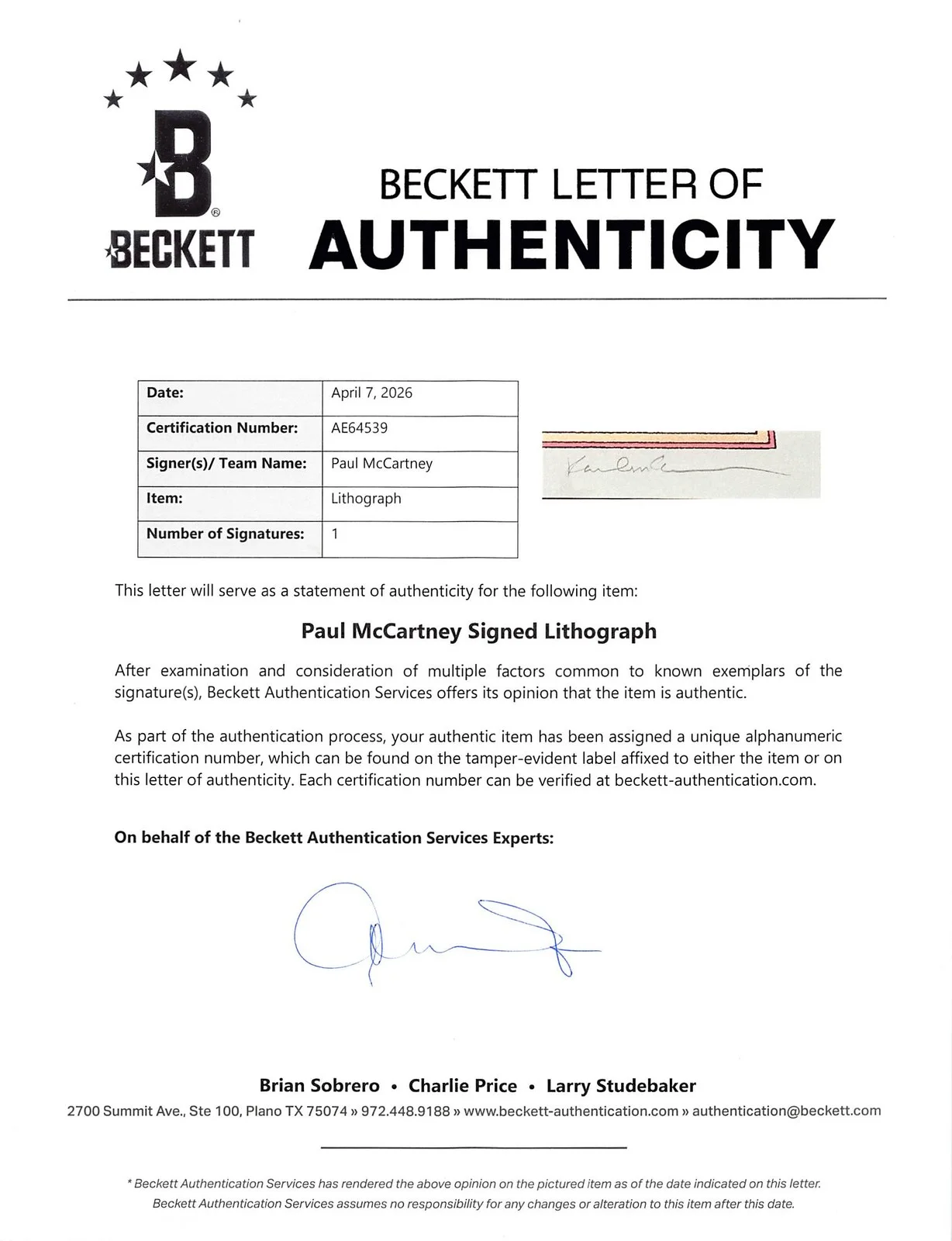 Paul McCartney — Paul McCartney Signed 16.5x23.5 Lithograph Limited Edition #69/100 BAS #AE64539, изображение 3