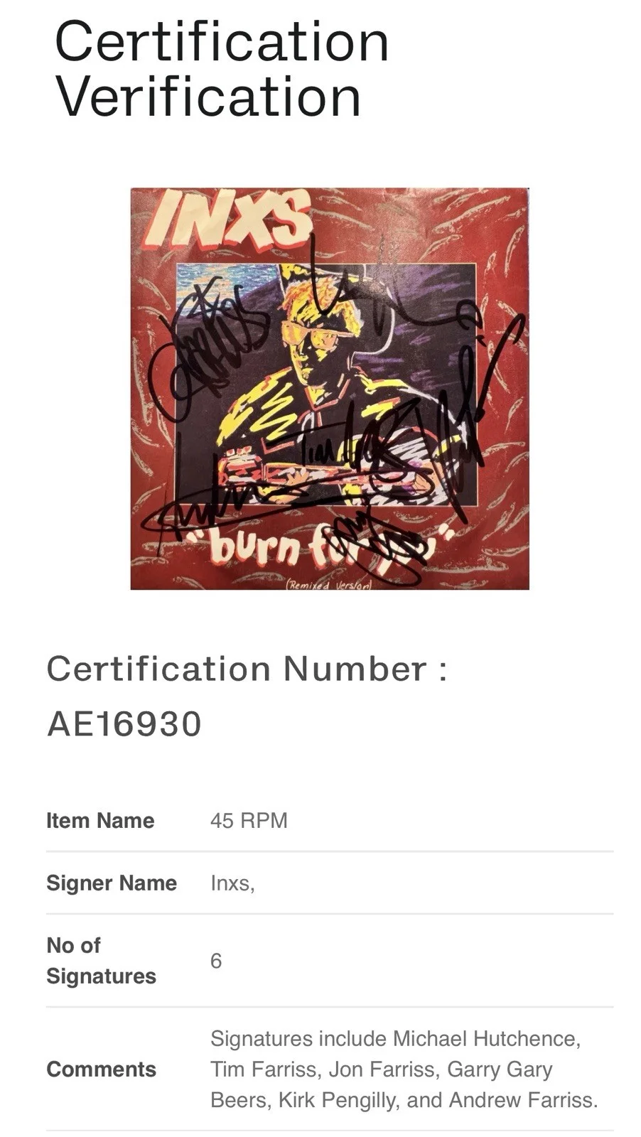 INXS Full Band 6 Sigs Burn For You Signed Autograph Album Vinyl 45 RPM Beckett, изображение 3