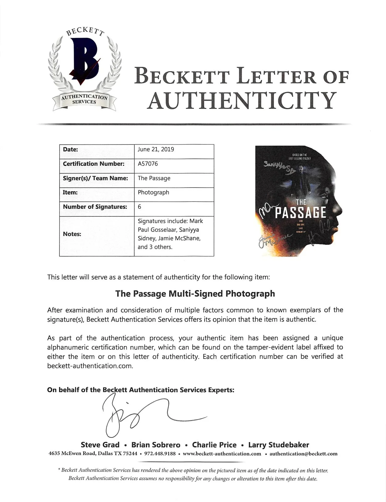 Mark Paul Gosselaar, Saniyya Sidney, Jamie Mcshane, Emmanuelle Ch — The Passage (5) Mark Paul Gosselaar, Chriqui +3 Signed 8x10 Photo BAS #A57076, image 2
