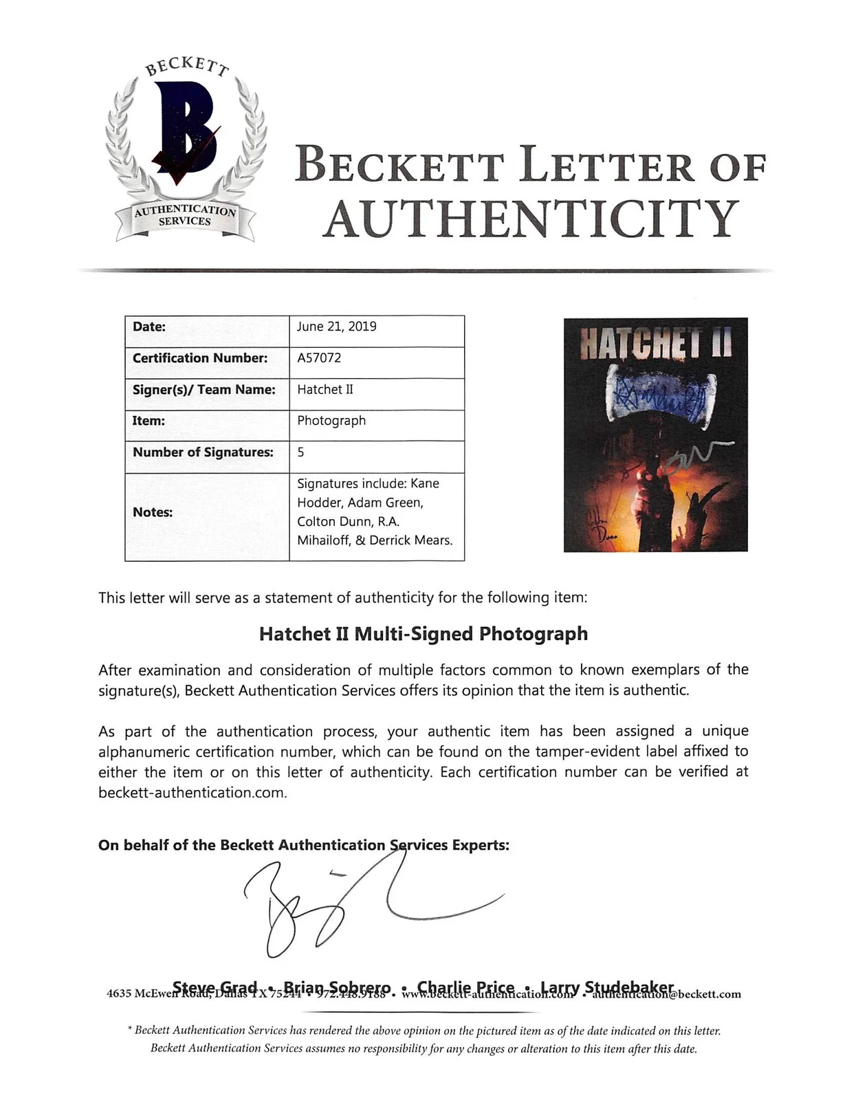 Kane Hodder, Adam Green, Colton Dunn, R.A. Mihailoff, Derrick Mea — Hatchet 2 (5) Kane Hodder, Mears +3 Authentic Signed 8x10 Photo BAS #A57072, image 5