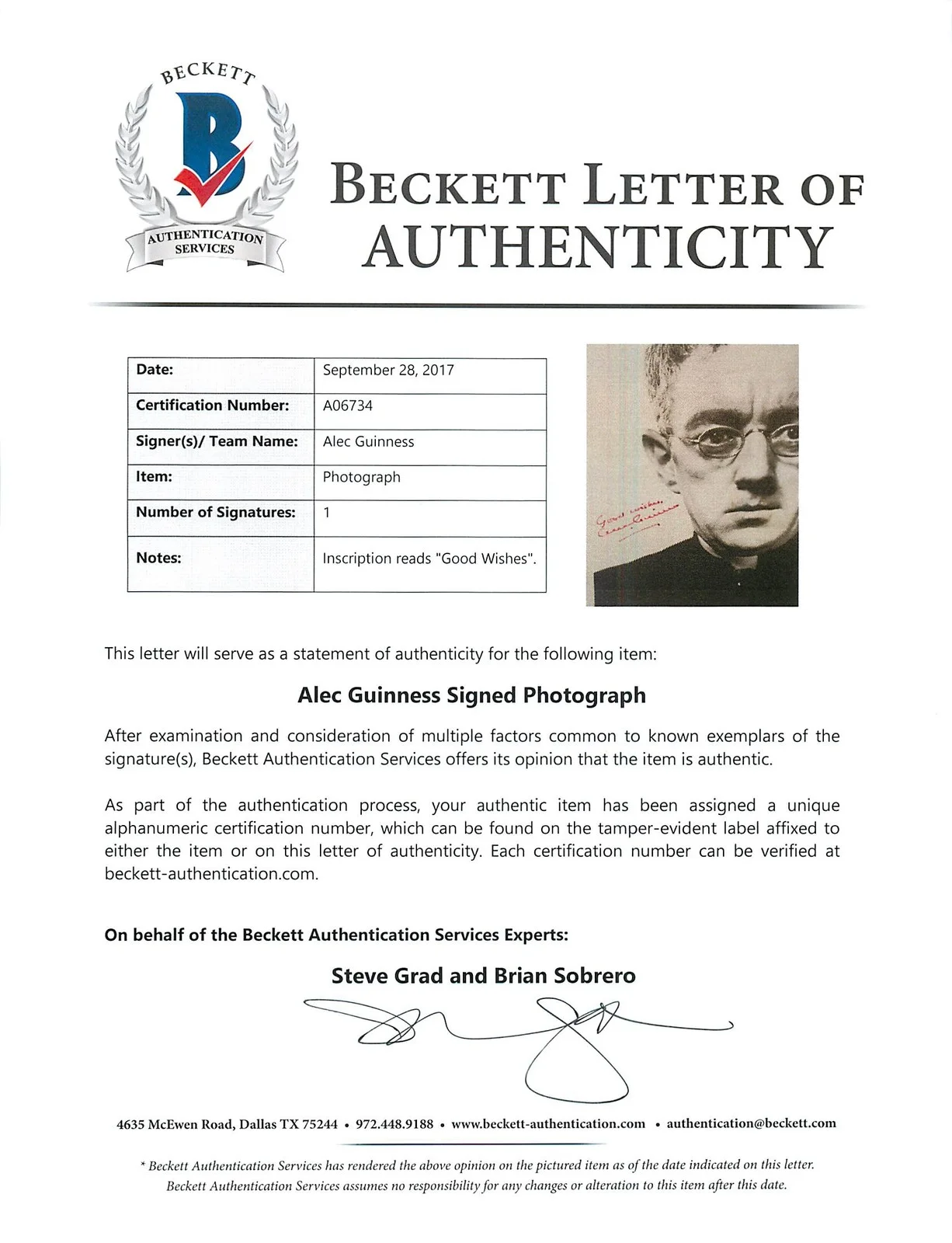 Alec Guinness — Alec Guinness Father Brown "Good Wishes" Authentic Signed 8X10 Photo BAS #A06734, image 2