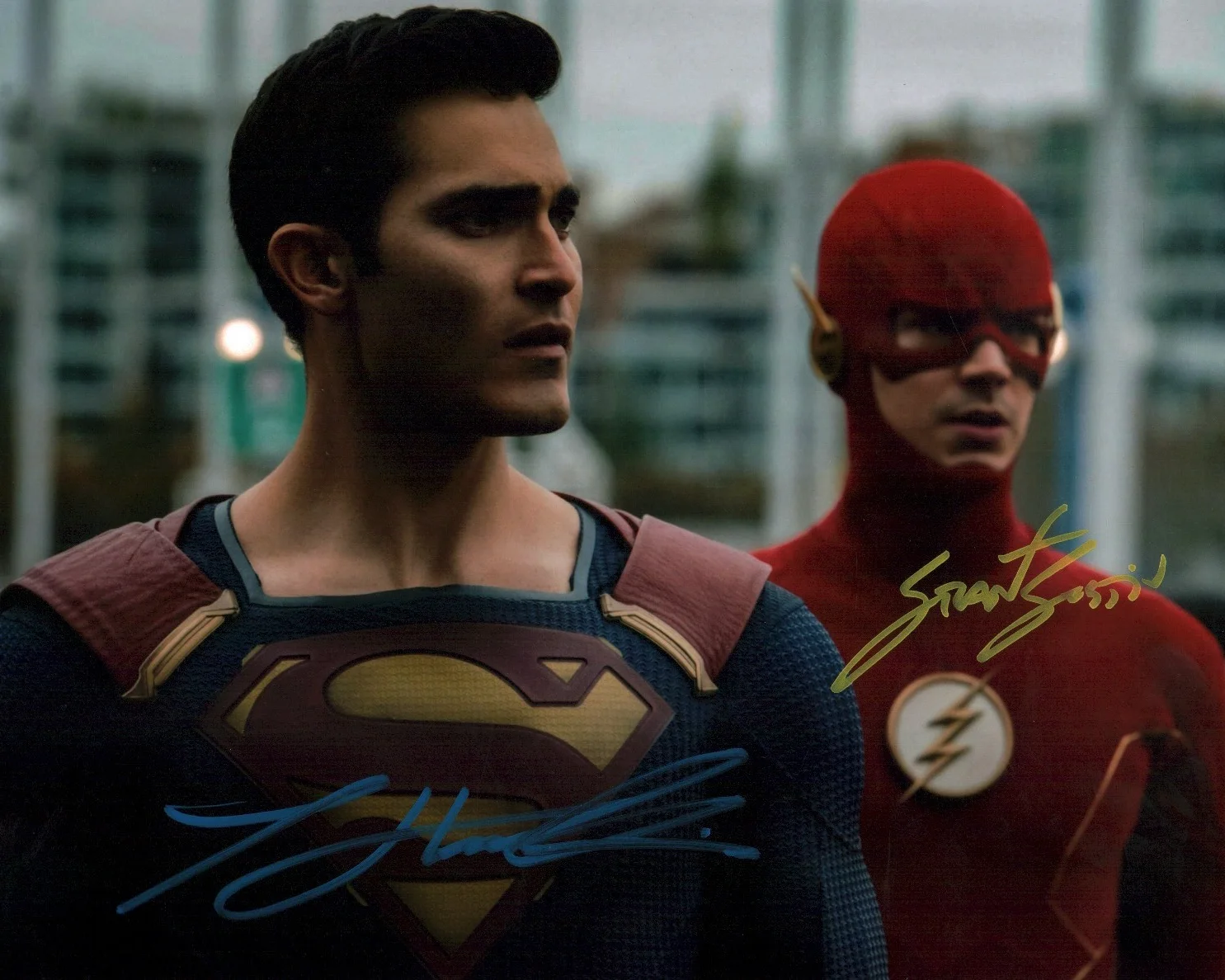 Grant Gustin, Tyler Hoechlin — Superman and The Flash Cast Signed 8x10 Photo Grant Gustin +1JSA Cert Auto