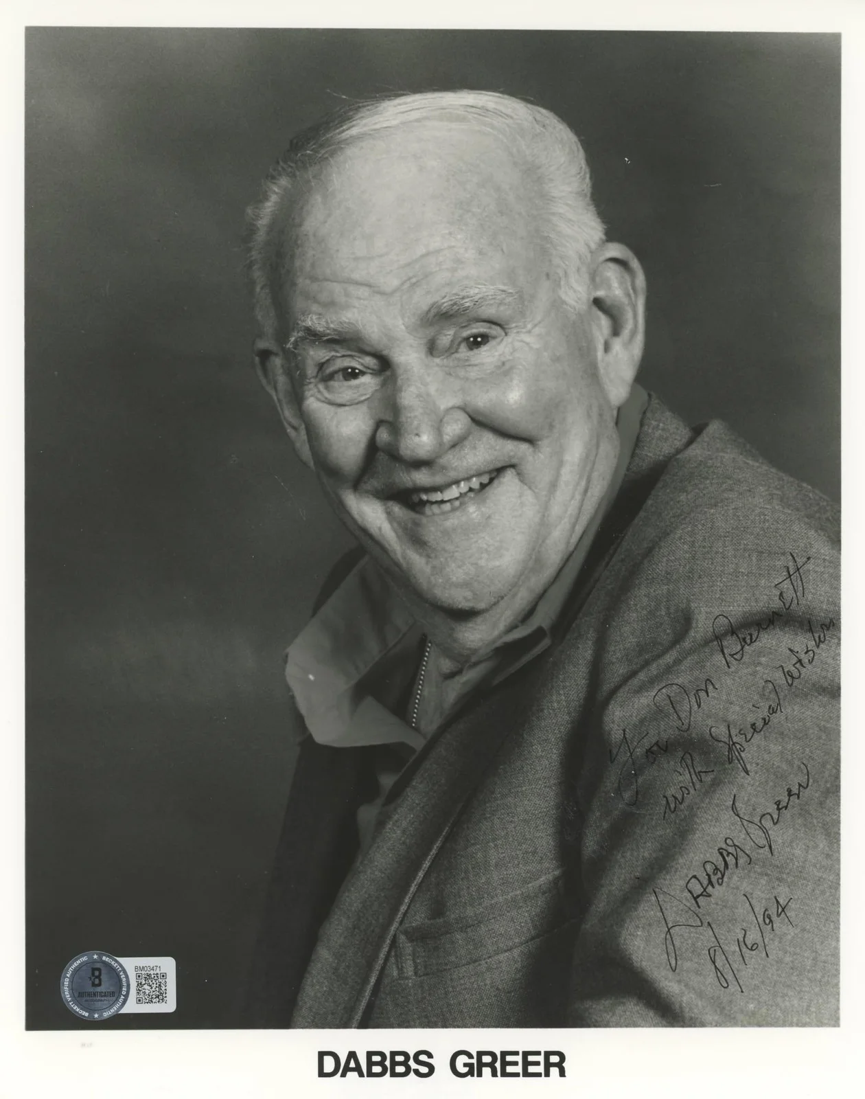 Dabbs Greer — Dabbs Greer The Green Mile With Best Wishes Signed 8x10 Photo BAS #BM03471, изображение 3