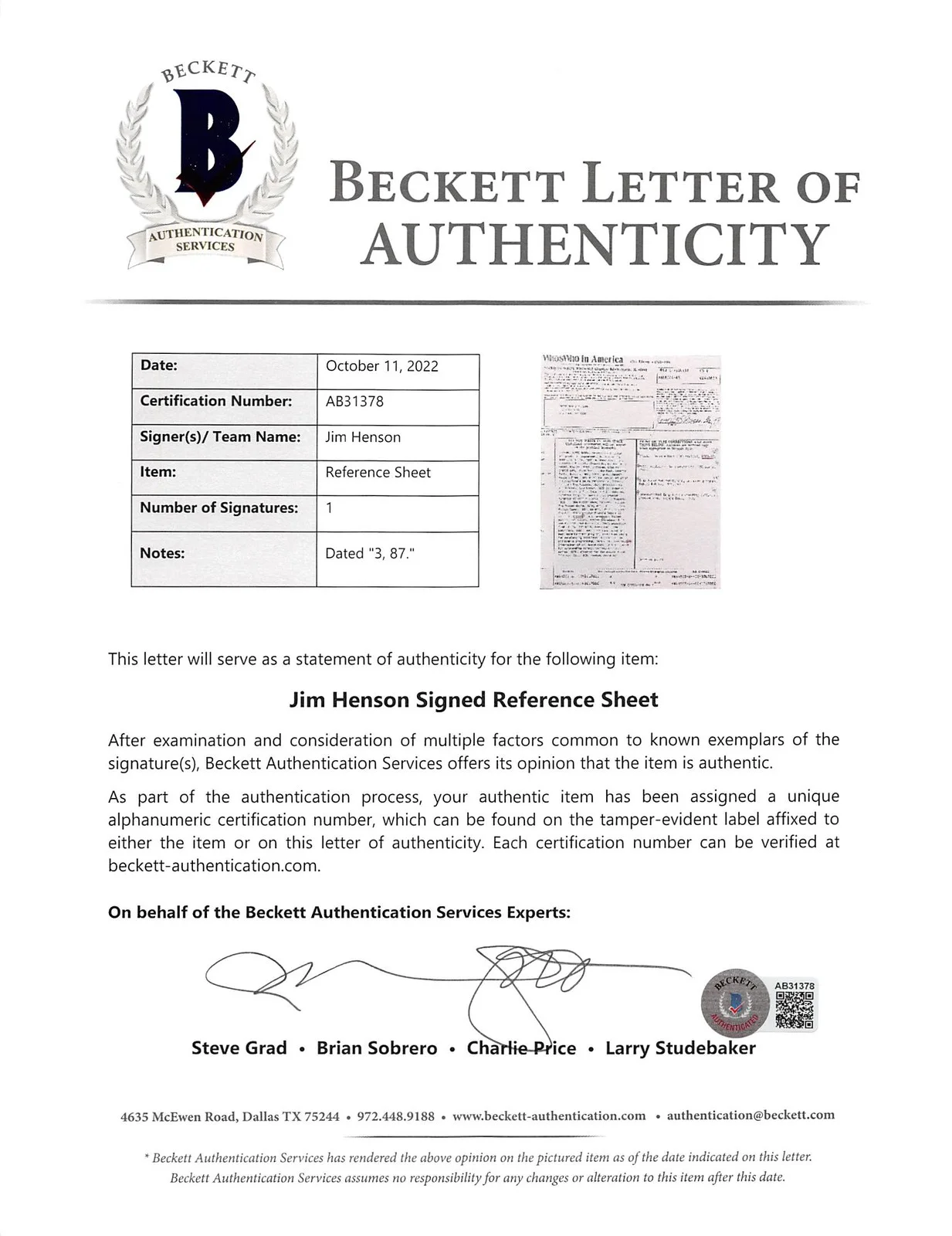 Jim Henson — Jim Henson The Muppets Signed 8.5x11 Reference Sheet Document BAS #AB31378, image 5