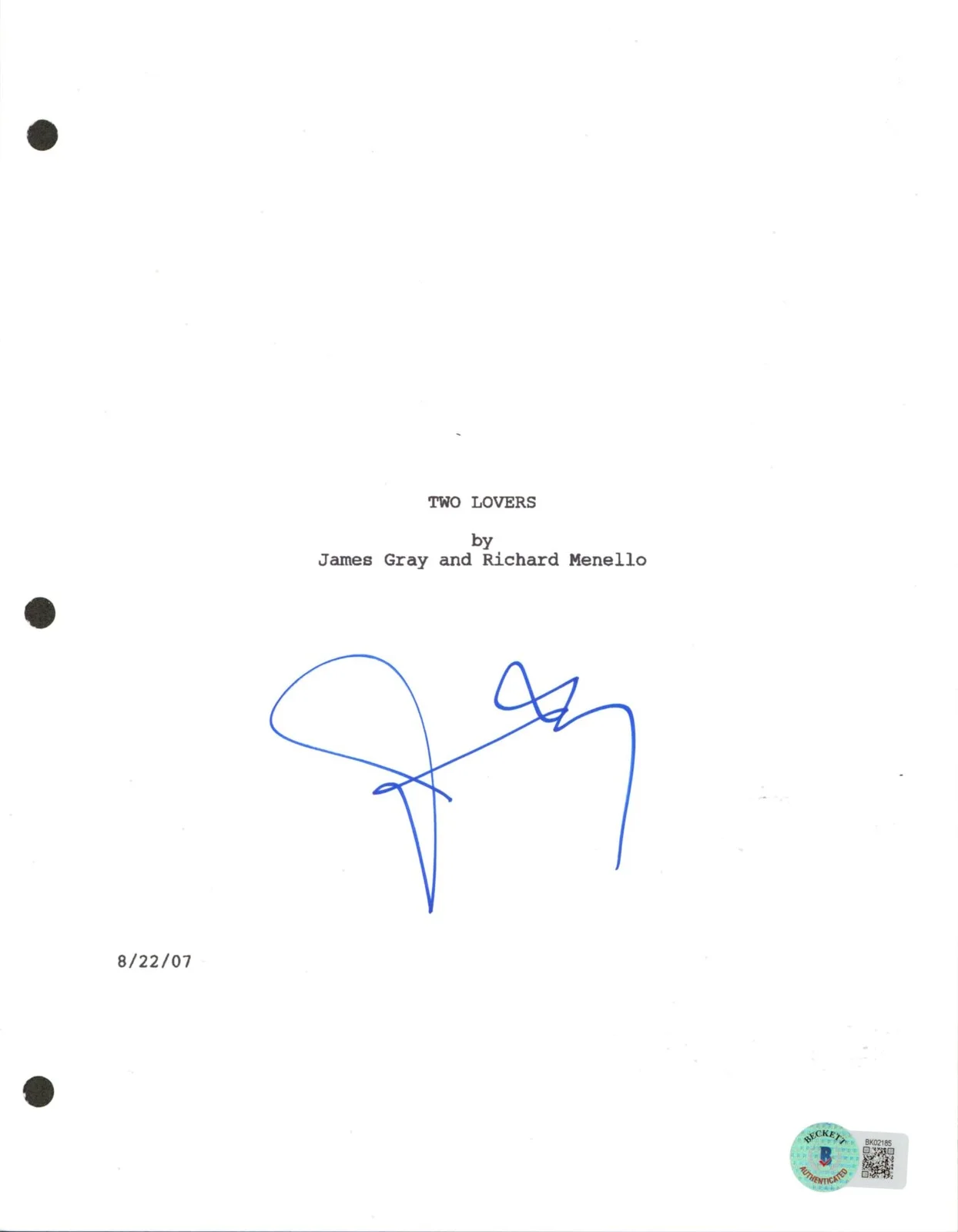 James Gray — James Gray Two Lovers Authentic Signed Script Cover Autographed BAS #BK02185, изображение 3