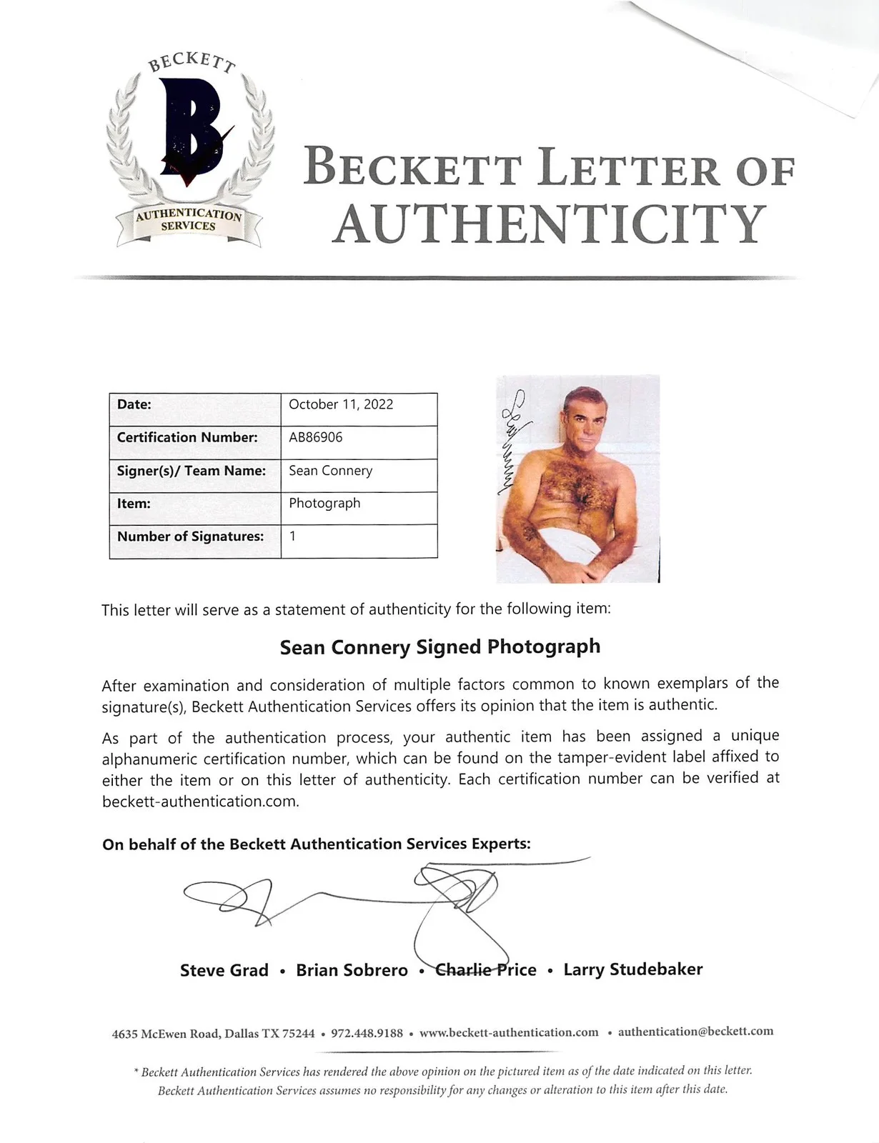 Sean Connery — Sean Connery James Bond 007 Authentic Signed 8x10 Photo Autographed BAS #SB86906, изображение 3