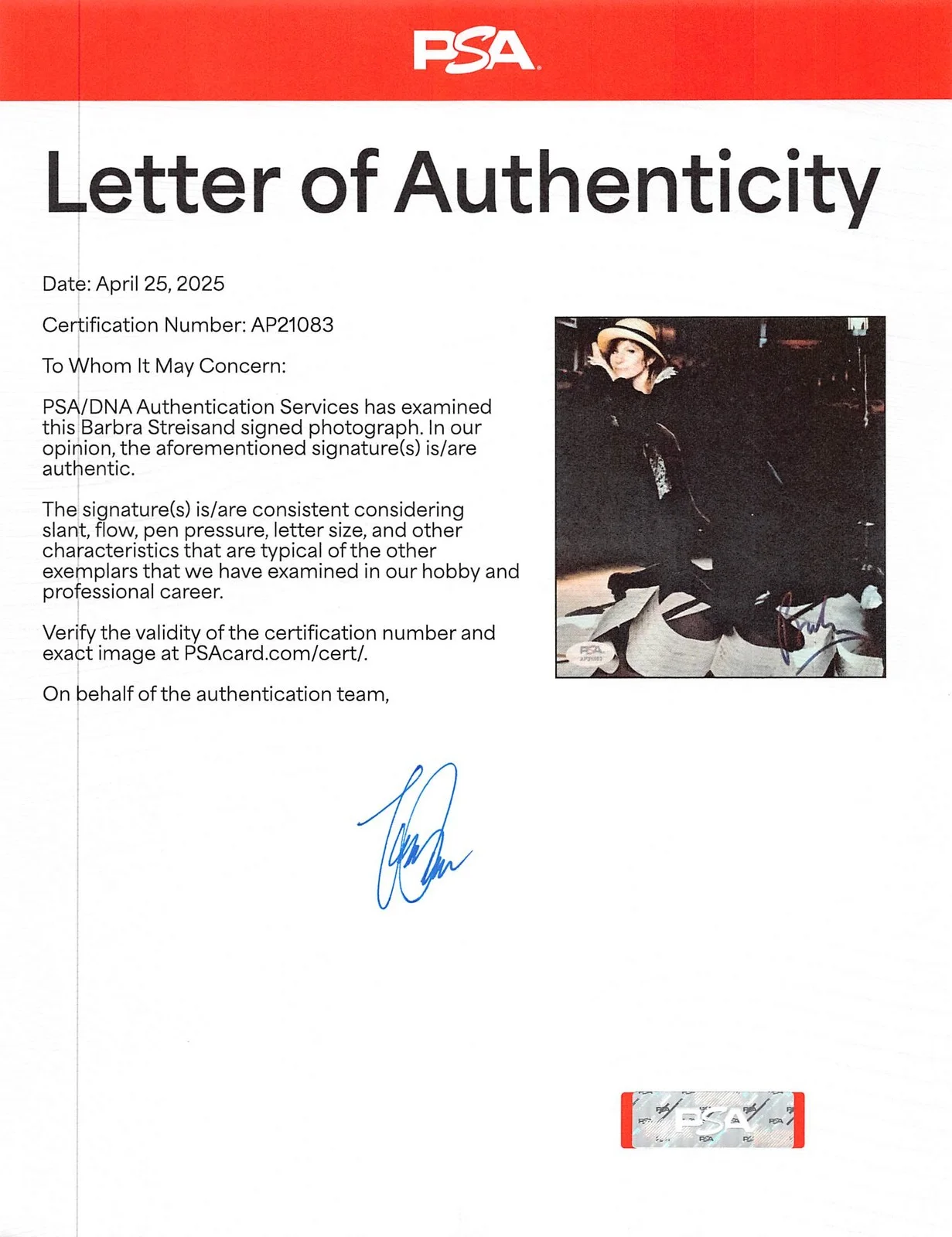Barbara Streisand — Barbra Streisand Funny Girl Authentic Signed 8x10 Photo PSA/DNA #AP21083, изображение 2