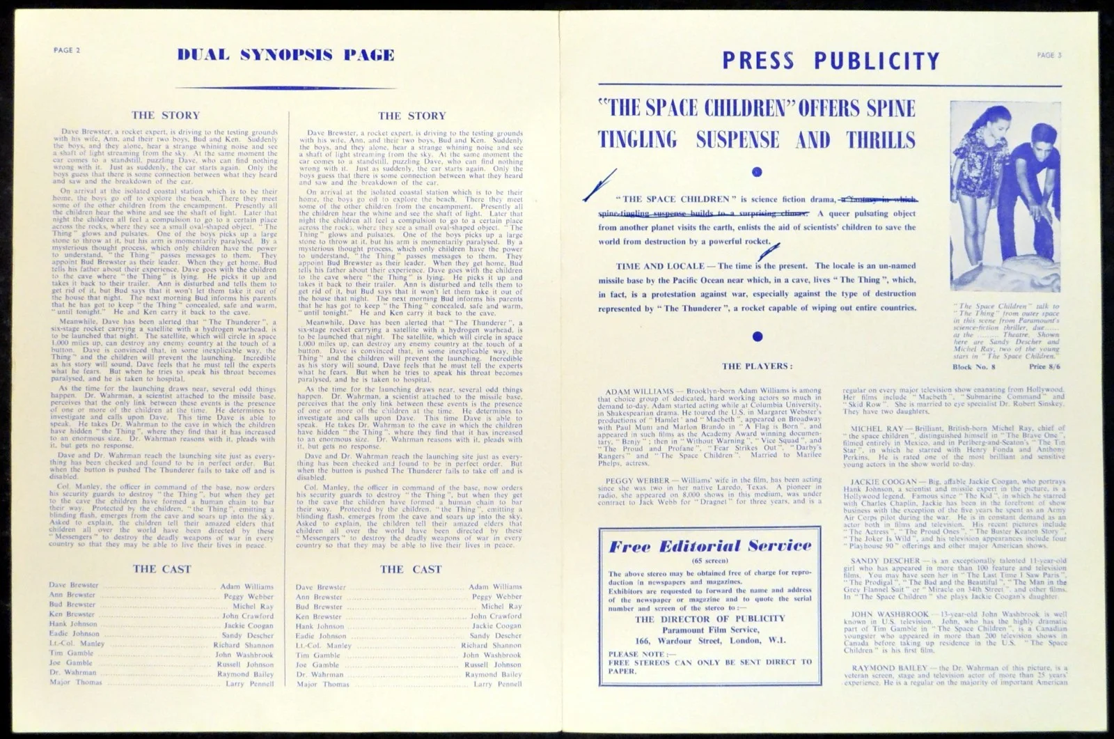 SPACE CHILDREN 1958 Michel Ray, Adam Williams, Peggy Webber UK PRESSBOOK, изображение 2