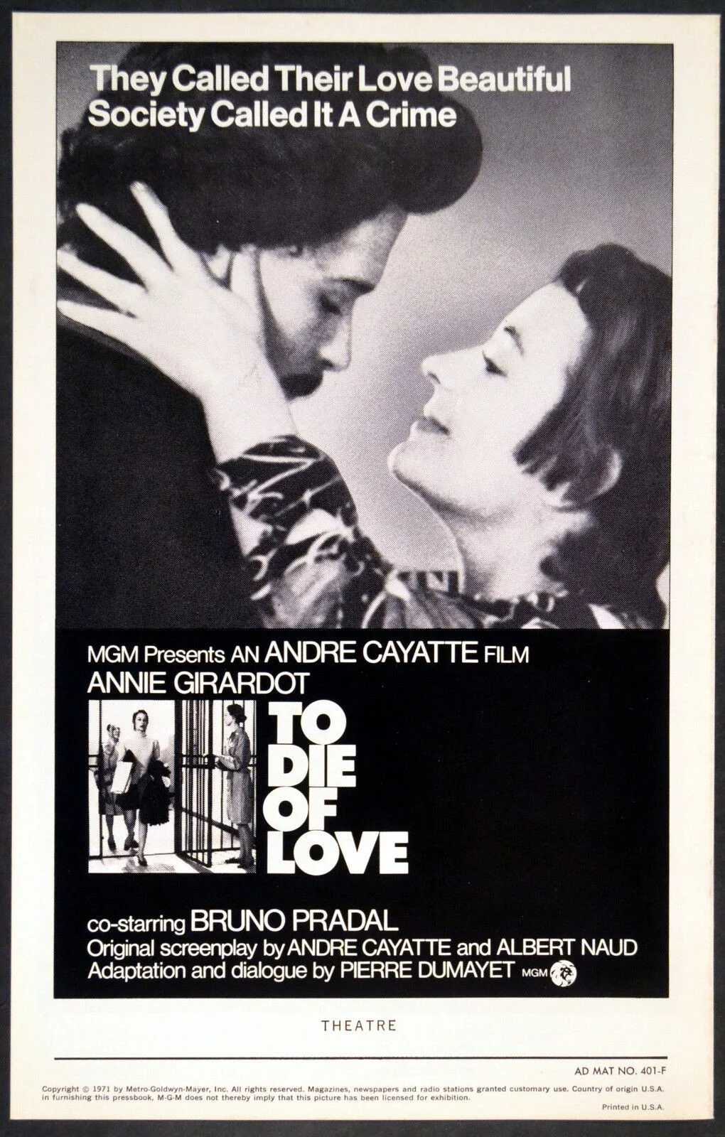 TO DIE OF LOVE 1972 Annie Girardot, André Cayatte, Bruno Pradal U.S. PRESSBOOK, изображение 3