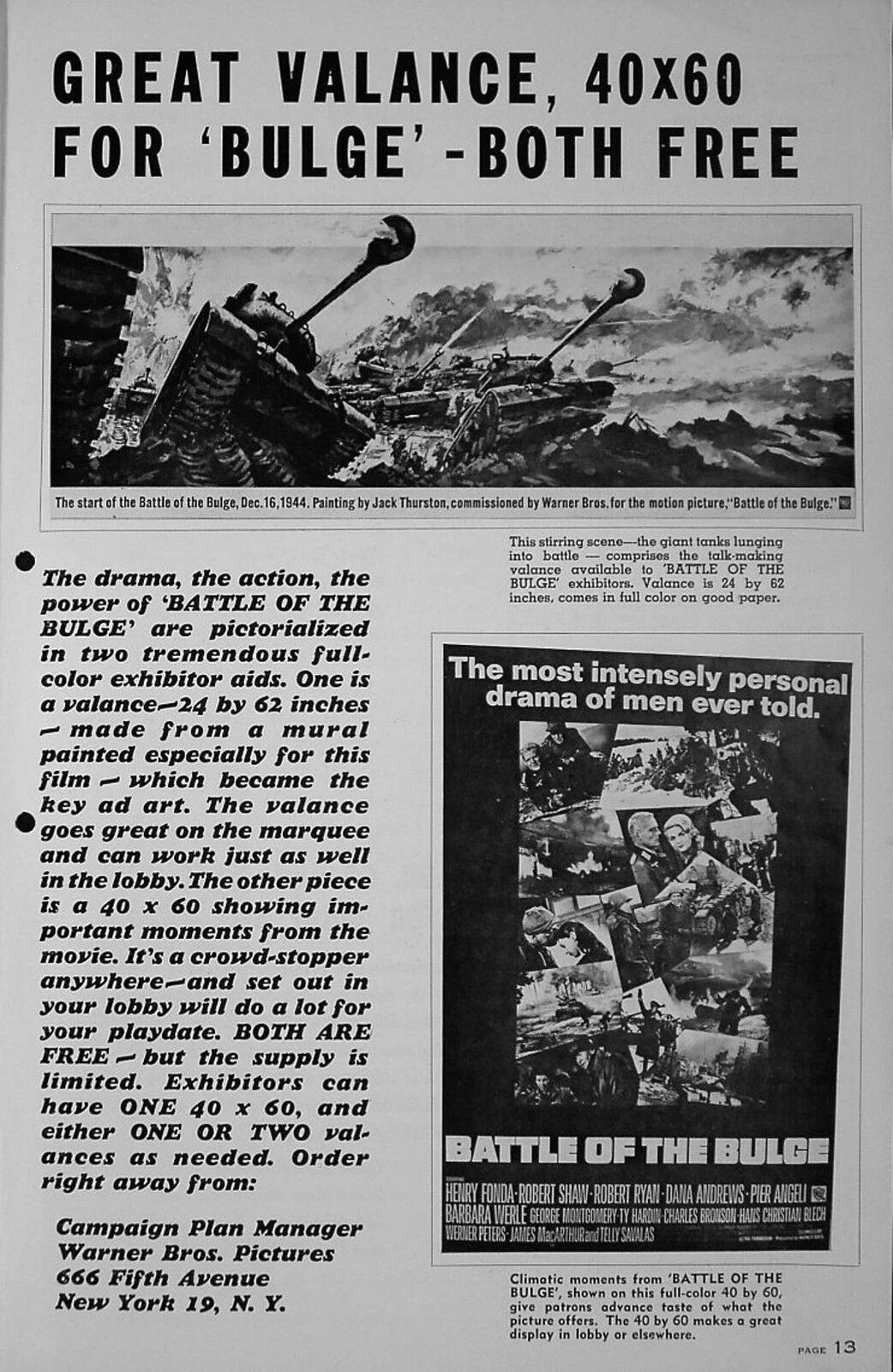 BATTLE OF THE BULGE 1965 Henry Fonda, Robert Shaw, Robert Ryan US PRESSBOOK, изображение 3