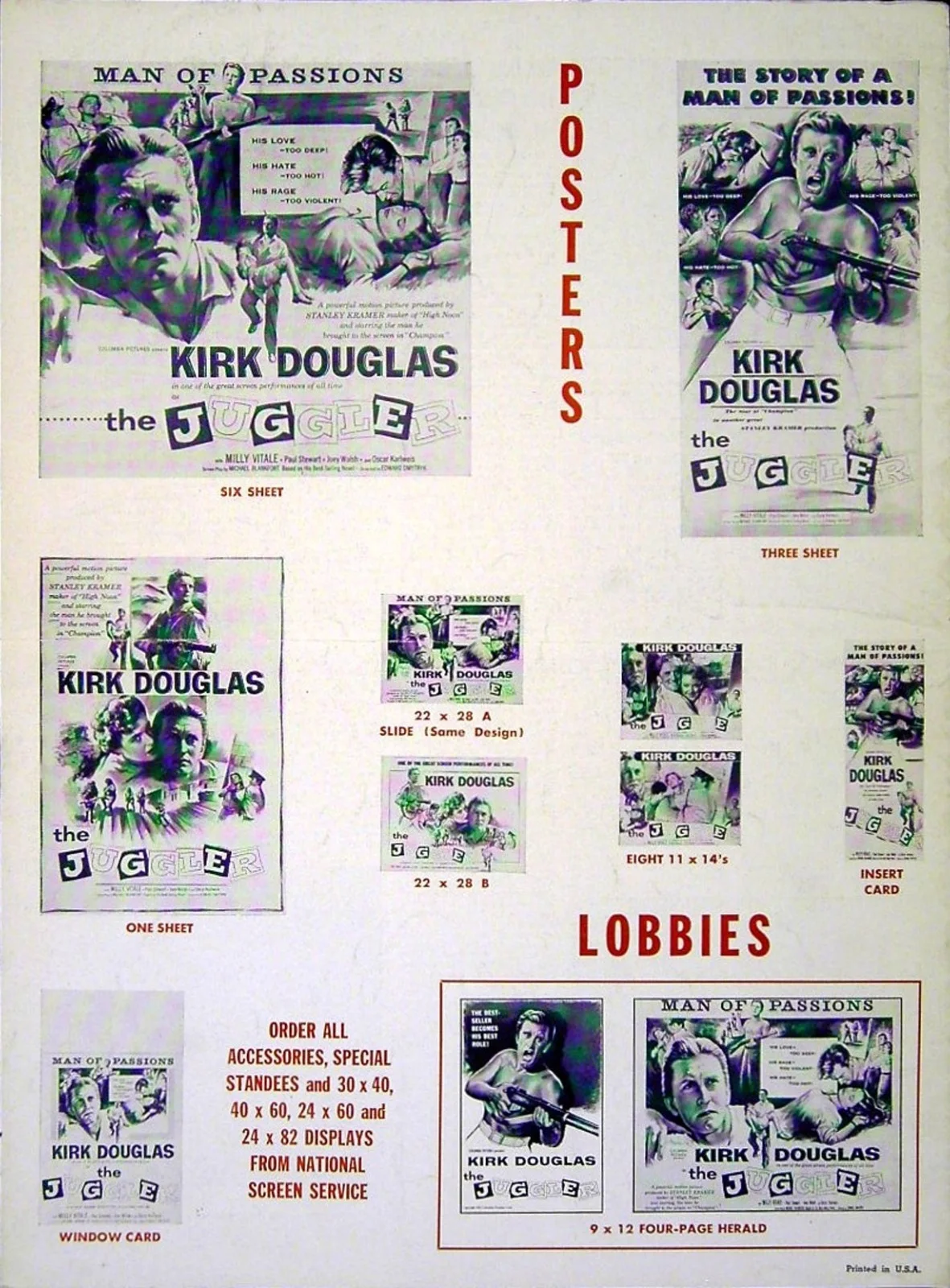 JUGGLER 1953 Kirk Douglas, Milly Vitale, Paul Stewart US PRESSBOOK, изображение 2
