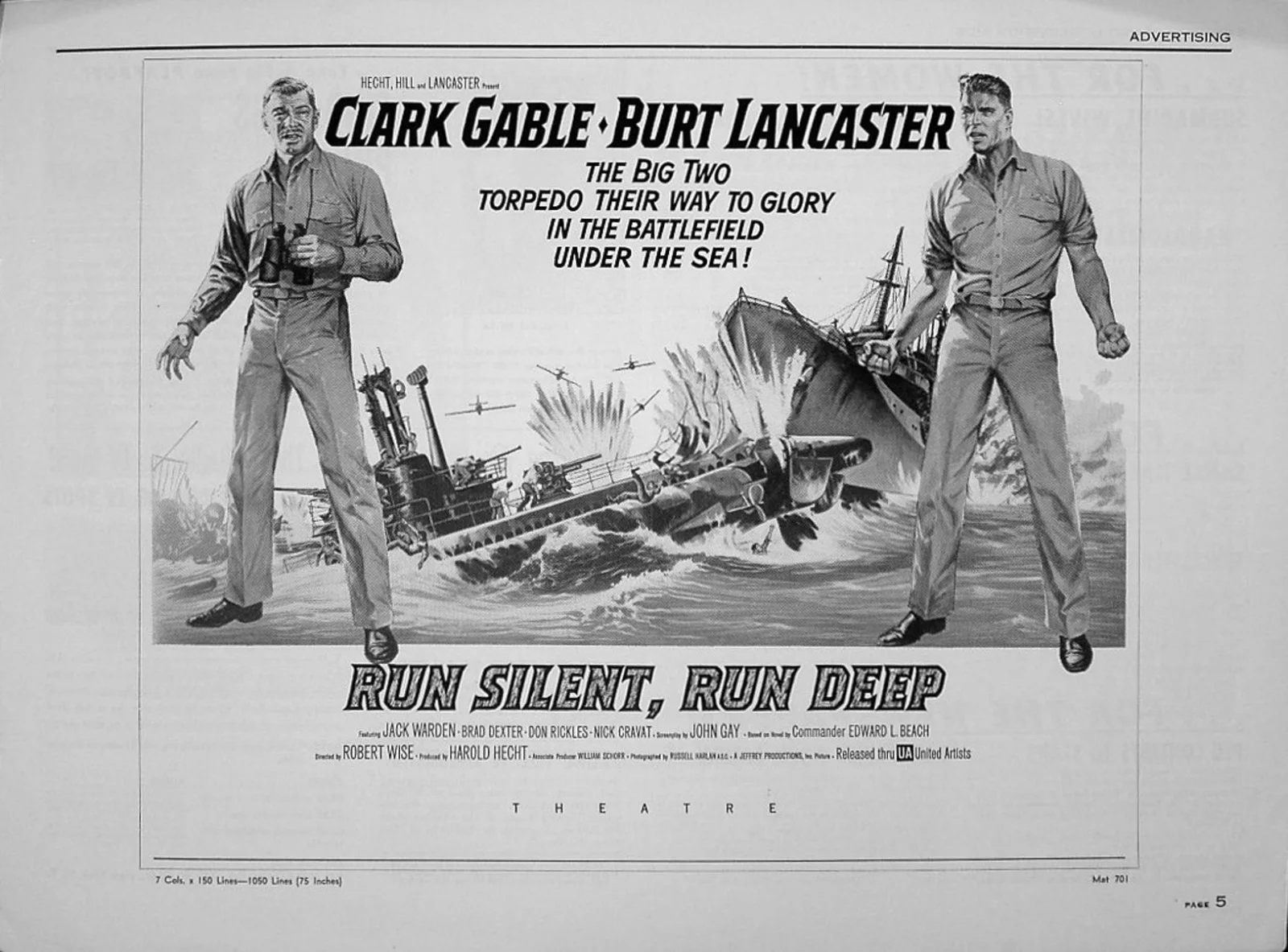 RUN SILENT RUN DEEP 1958 Clark Gable, Burt Lancaster US PRESSBOOK, image 2
