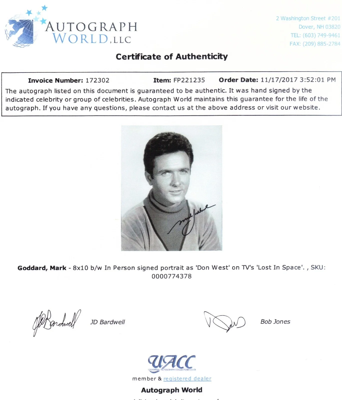 Mark Goddard — AUTOGRAPHED 8X10 SIGNED BY MARK GODDARD IN THE ORIGINAL LOST IN SPACE UACC COA, изображение 2