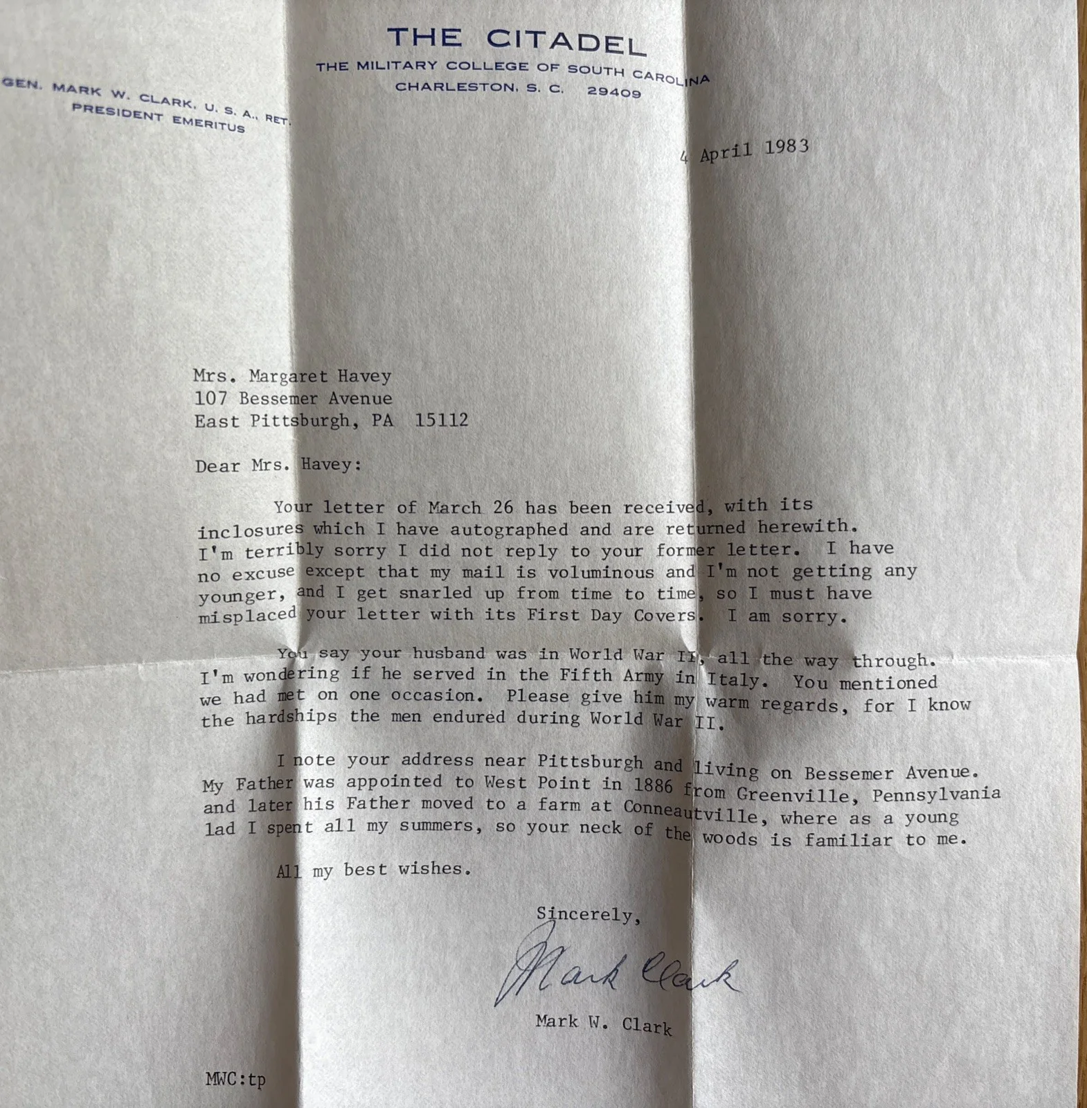 WWII General Mark Clark Personal Letter Signed Auto -Rare Vintage FDC Autograph, изображение 2