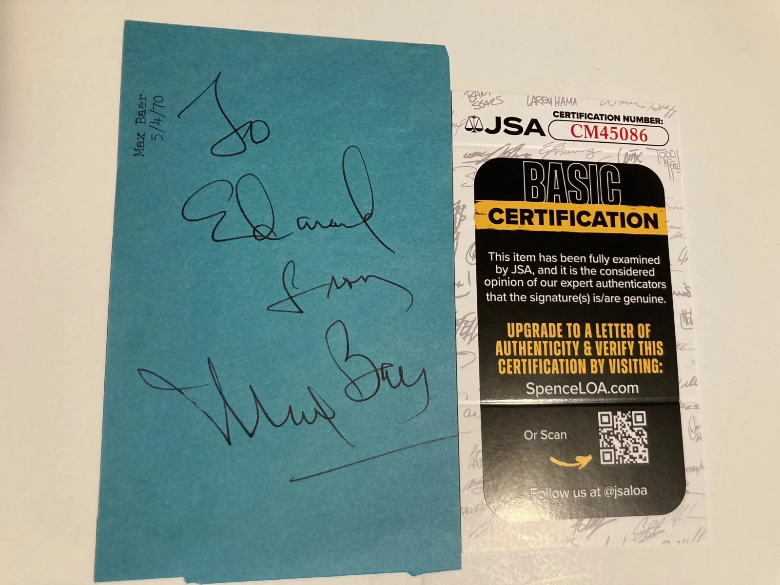 MAX BAER Jr — MAX BAER Jr. signed 4x6 paper "THE BEVERLY HILLBILLIES", "MACON JSA#CM45086