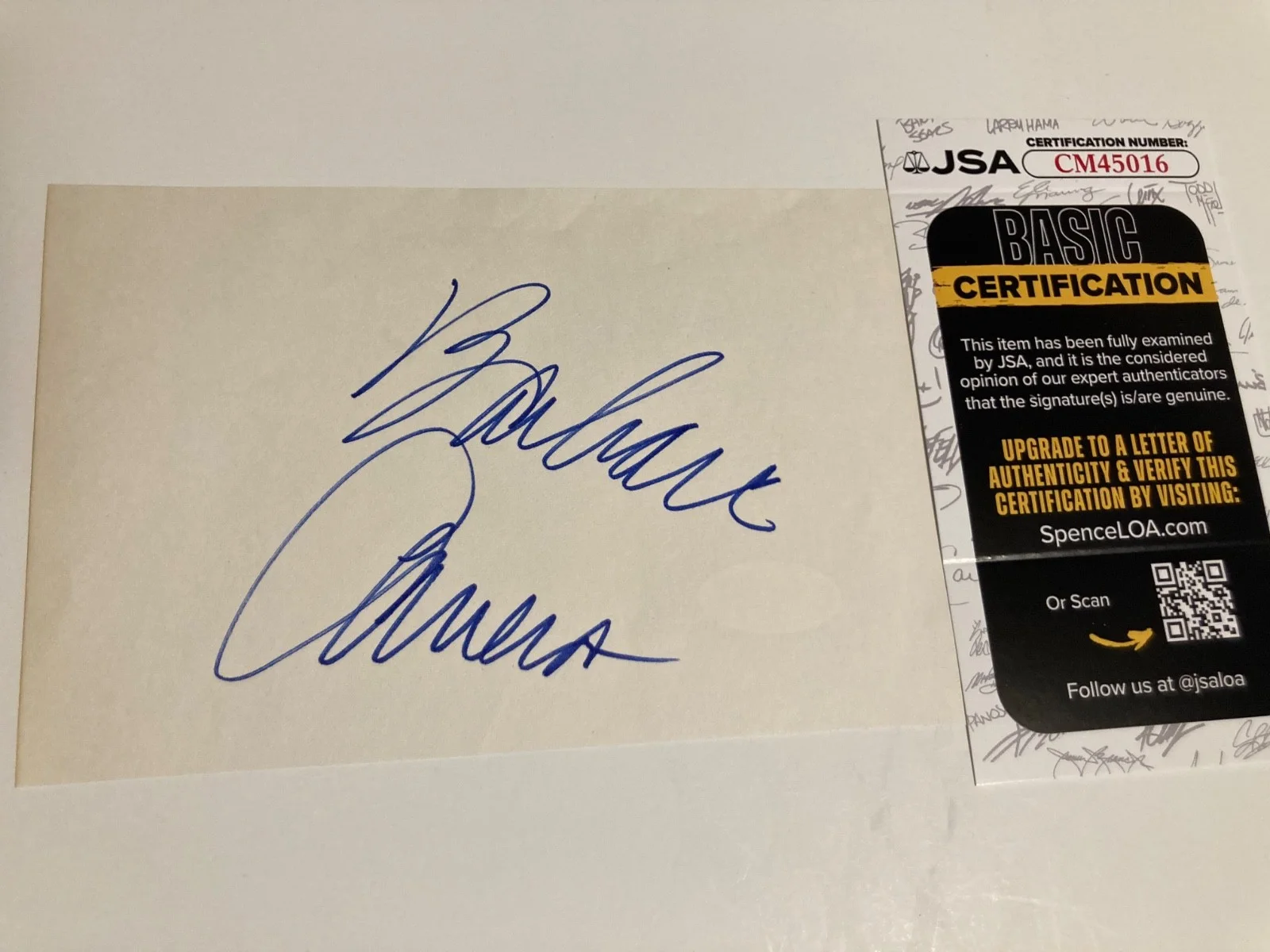 BARBARA CARRERA — BARBARA CARRERA signed 4x6 paper "NEVER SAY NEVER AGAIN", "DALLAS" JSA#CM45016