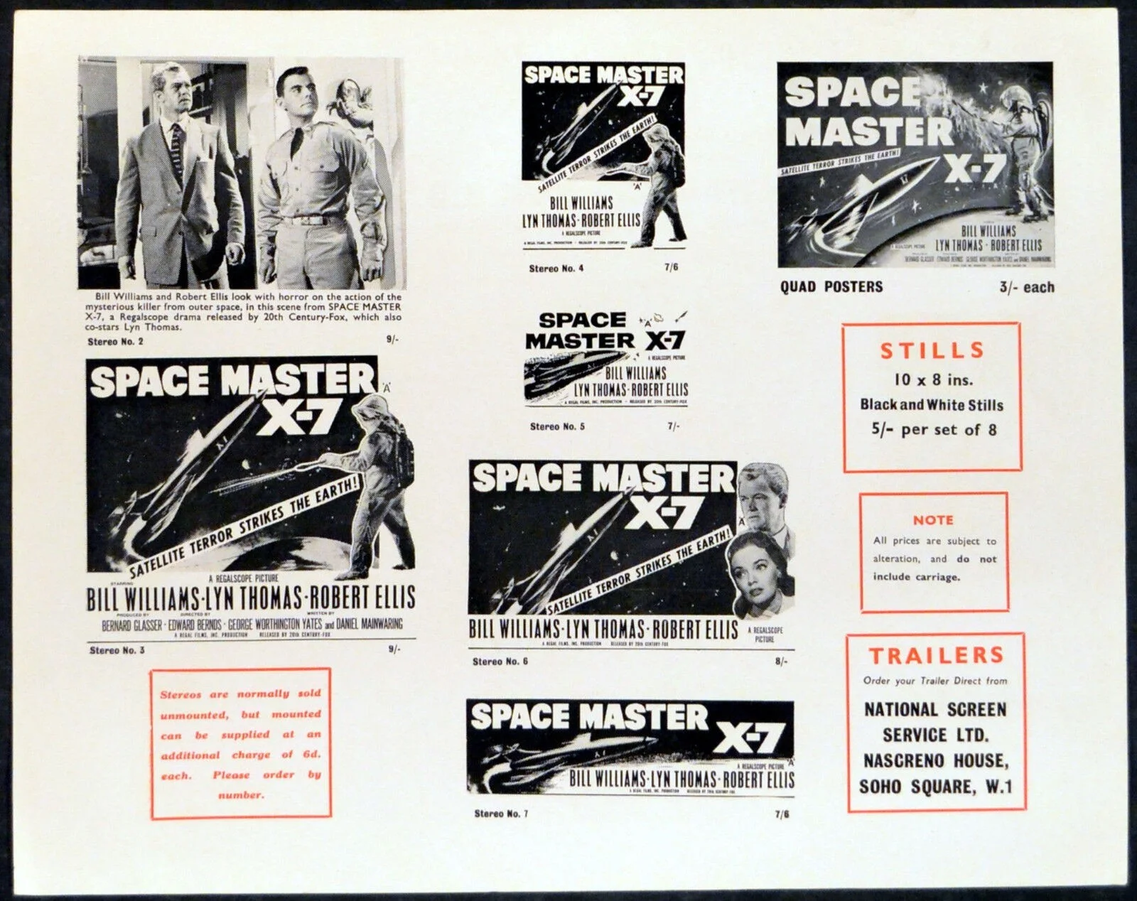 SPACE MASTER X-7 1958 Bill Williams, Lyn Thomas, Robert Ellis UK PRESS SHEET, image 2