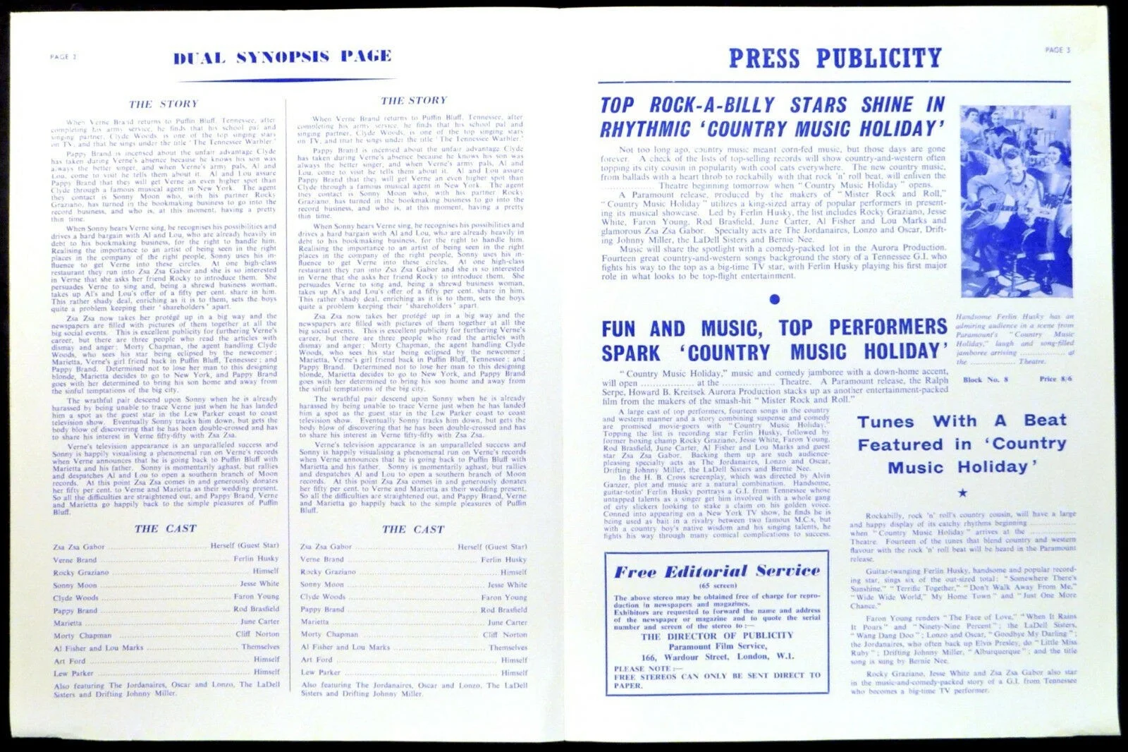 COUNTRY MUSIC HOLIDAY 1958 Ferlin Husky, Rocky Graziano Jesse White UK PRESSBOOK, изображение 2