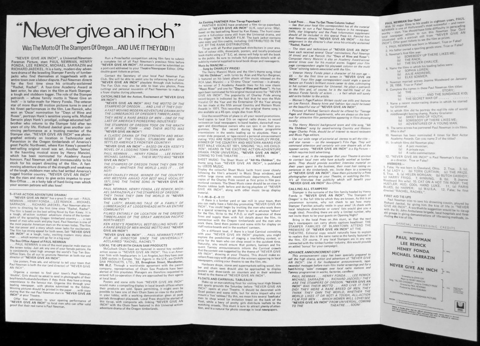 NEVER GIVE AN INCH 1971 Paul Newman, Henry Fonda, Lee Remick UK CAMPAIGN BOOK, изображение 2