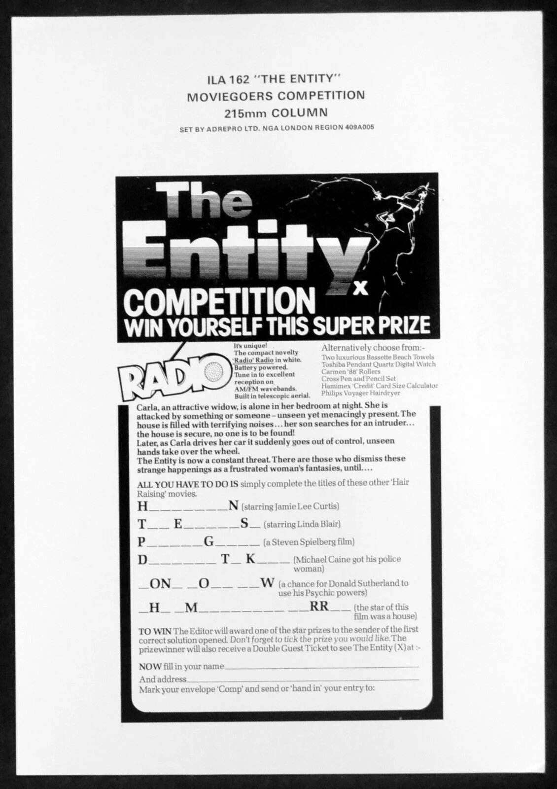 ENTITY 1983 Barbara Hershey, Ron Silver, David Labiosa UK CAMPAIGN BOOK, image 2