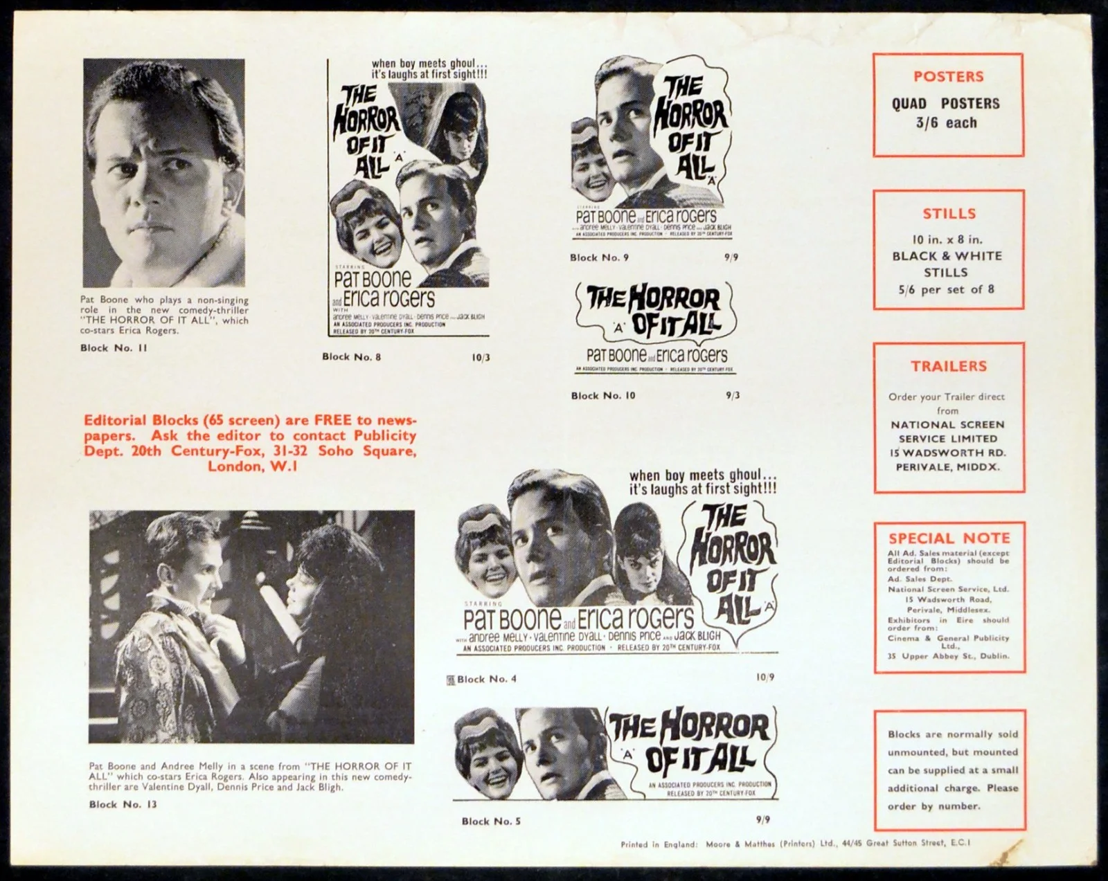HORROR OF IT ALL 1964 Pat Boone, Erica Rogers, Andree Melly UK PRESS SHEET, изображение 2