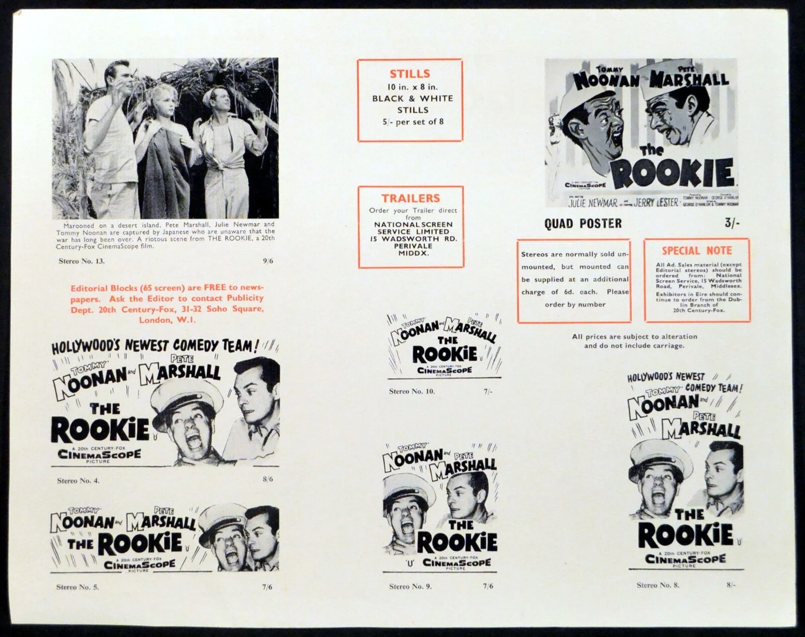 ROOKIE 1959 Tommy Noonan, Peter Marshall, Julie Newmar UK CAMPAIGN SHEET, изображение 2
