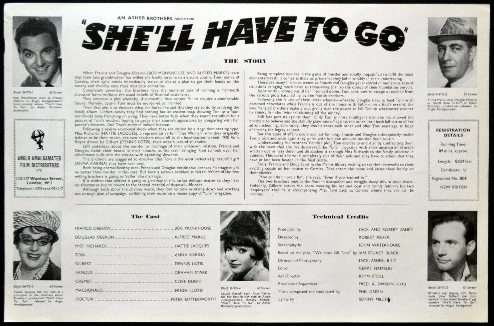 SHE’LL HAVE TO GO 1962 Bob Monkhouse, Hattie Jacques, Anna Karina UK PRESS SHEET, изображение 2