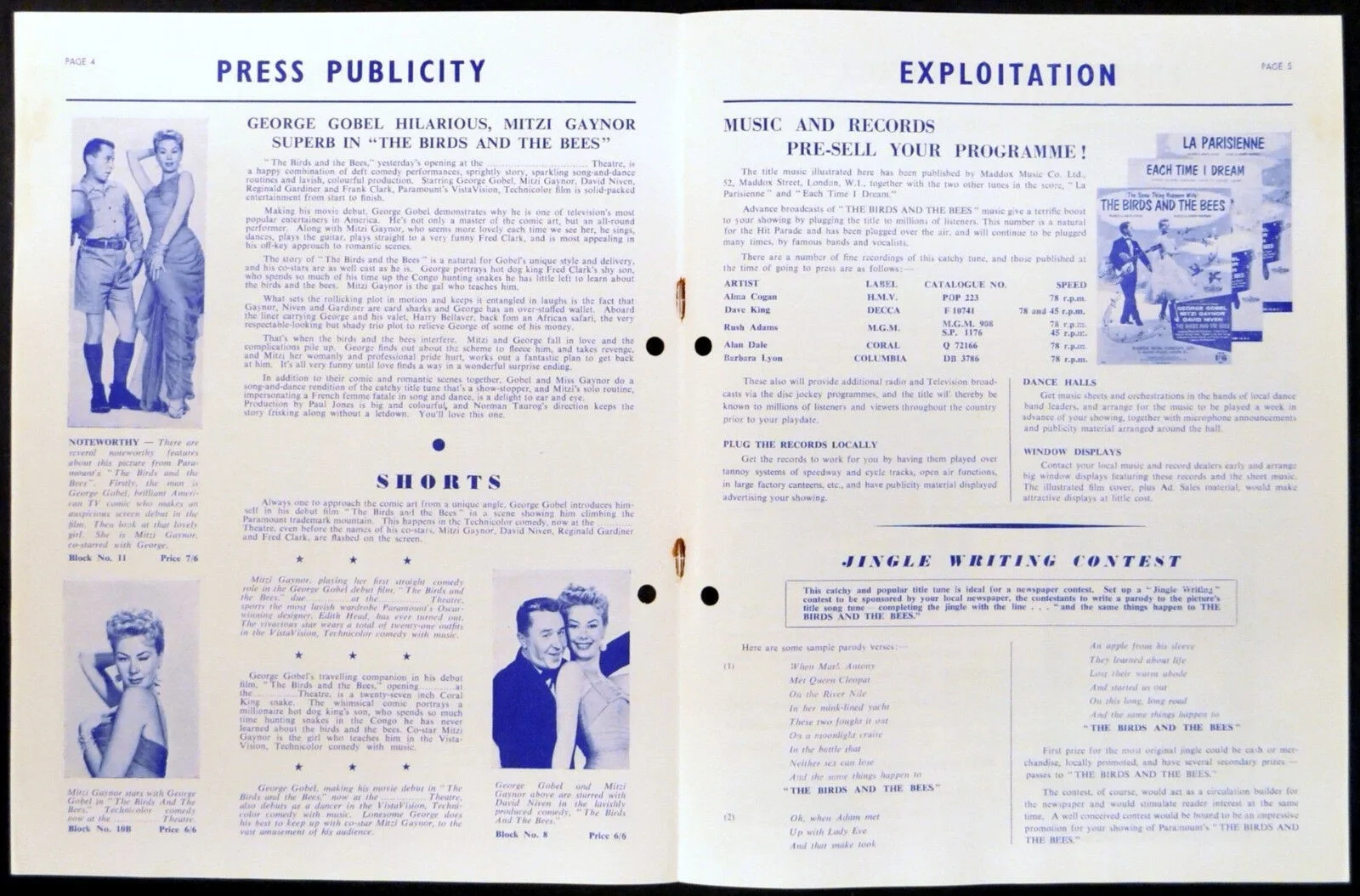 BIRDS AND THE BEES 1956 George Gobel, Mitzi Gaynor, David Niven UK PRESSBOOK, image 2