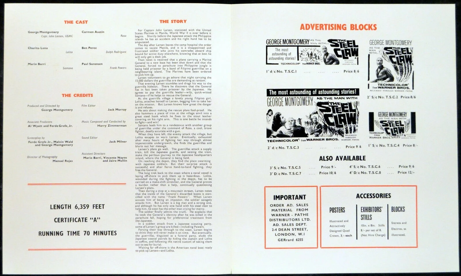 STEEL CLAW 1961 George Montgomery, Charito Luna, Mario Barri UK CAMPAIGN BOOK, изображение 2