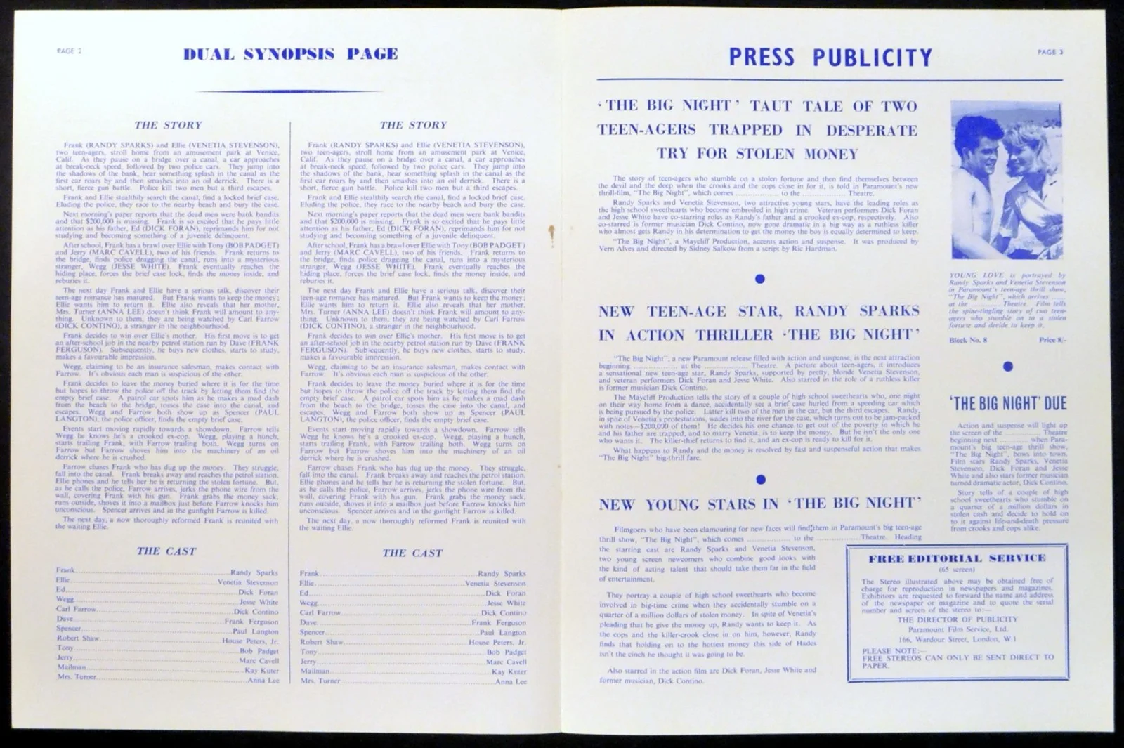 BIG NIGHT 1960 Randy Sparks, Venetia Stevenson, Dick Foran UK CAMPAIGN BOOK, image 2