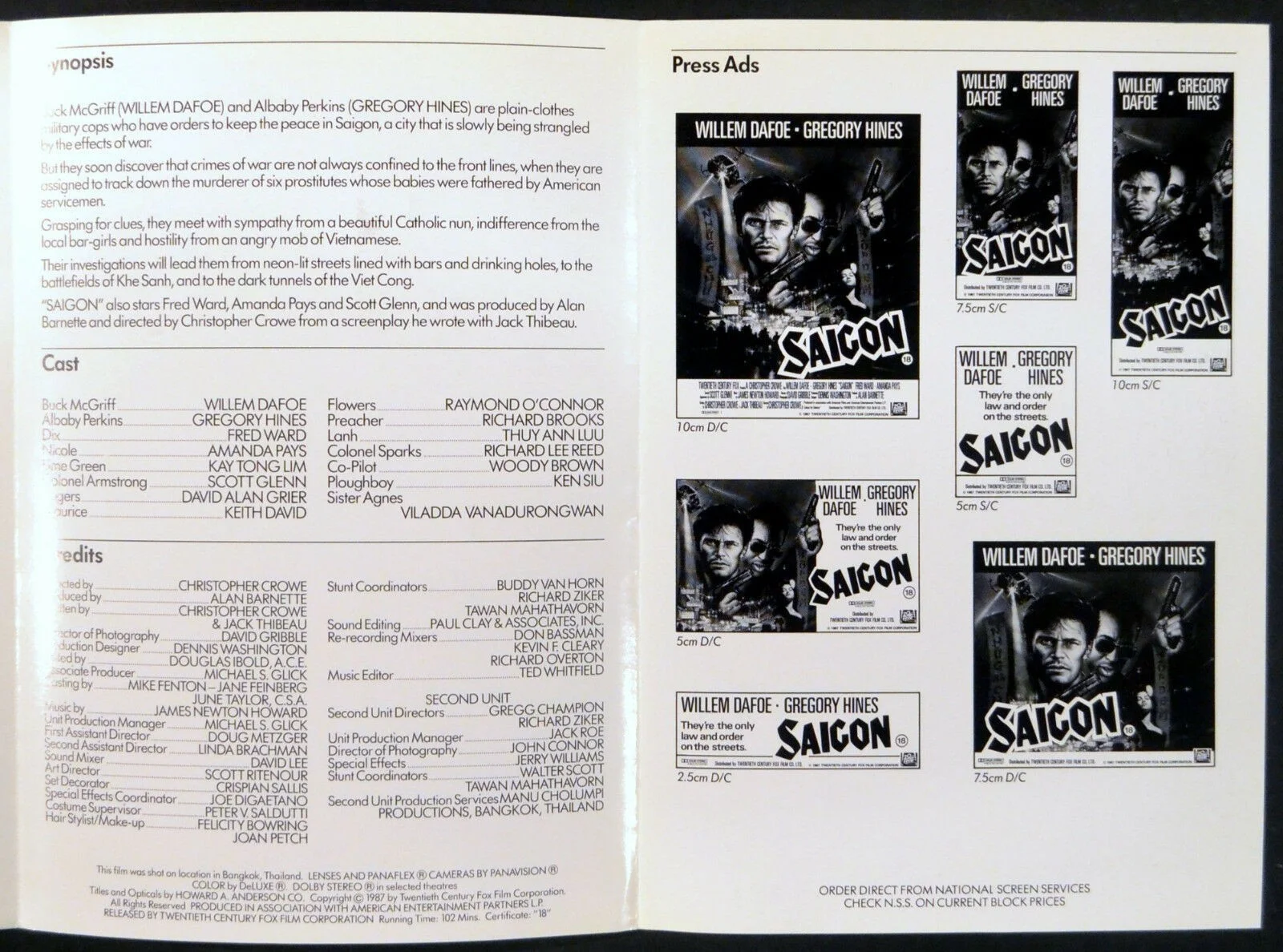 SAIGON 1988 Willem Dafoe, Gregory Hines, Scott Glenn UK CAMPAIGN BOOK, image 3