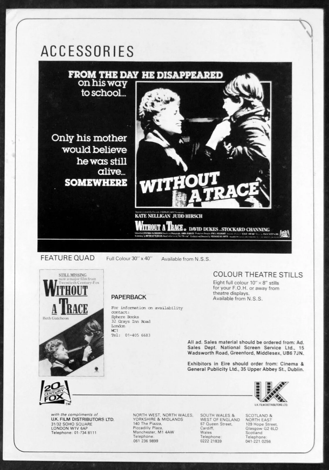 WITHOUT A TRACE 1983 Kate Nelligan, Judd Hirsch, David Dukes UK PRESSBOOK, image 2