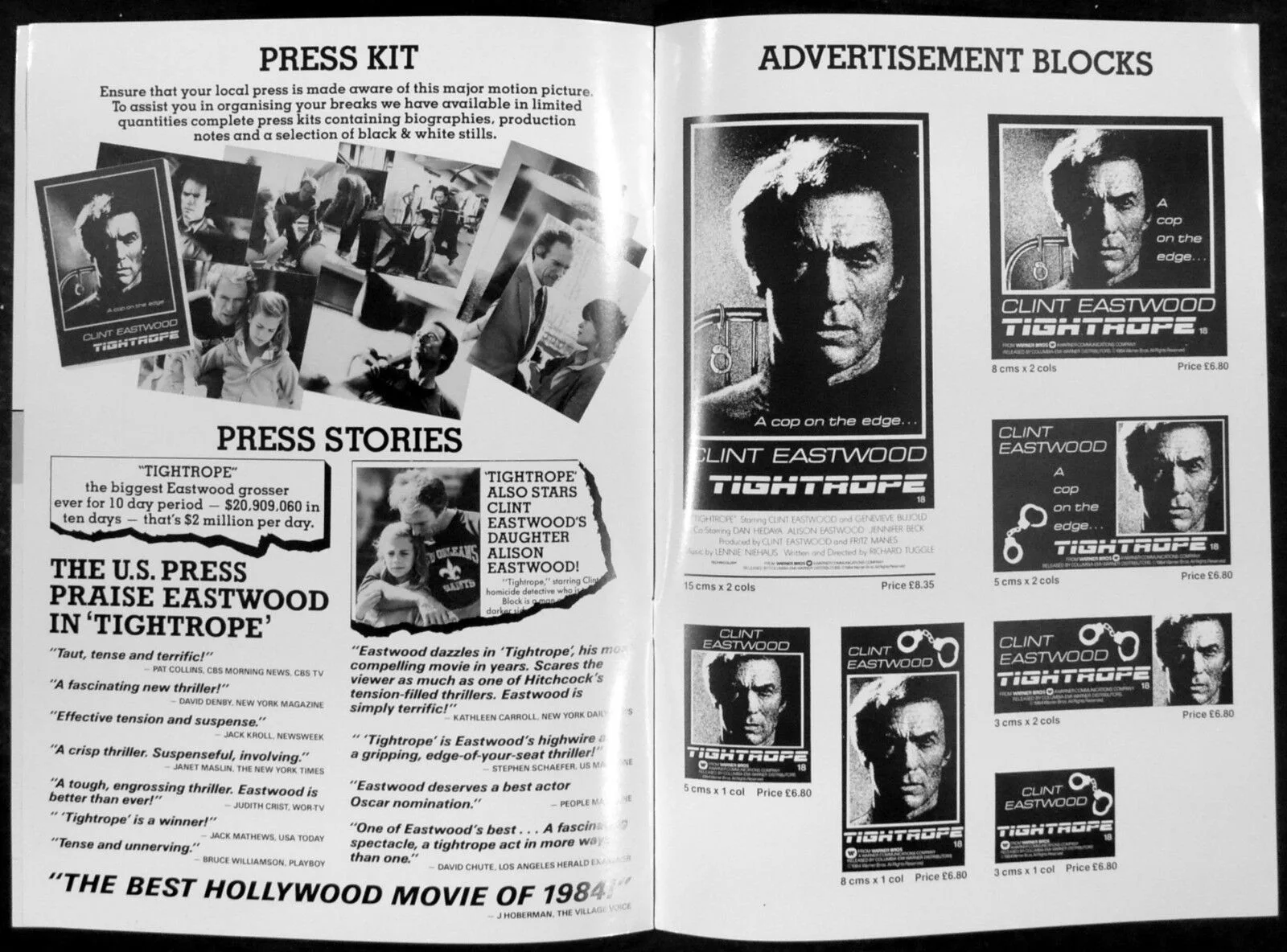 TIGHTROPE 1984 Clint Eastwood, Genevieve Bujold, Dan Hedaya UK CAMPAIGN BOOK, изображение 3