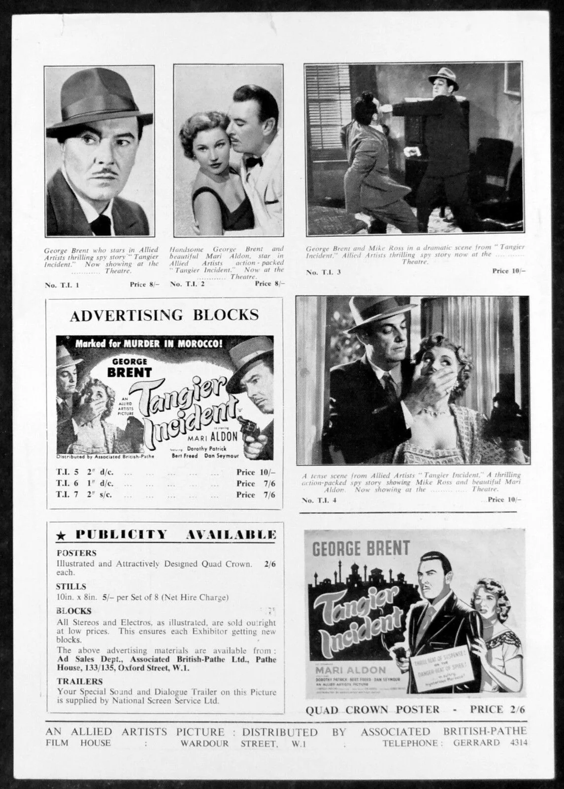 TANGIER INCIDENT 1953 George Brent, Mari Aldon Dorothy Patrick UK CAMPAIGN SHEET, image 2