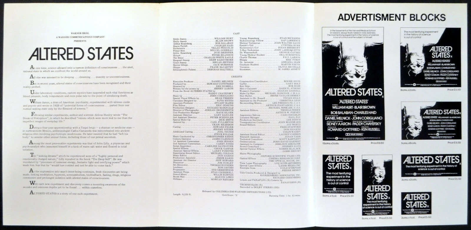 ALTERED STATES 1980 William Hurt, Blair Brown, Ken Russell UK CAMPAIGN BOOK, изображение 2